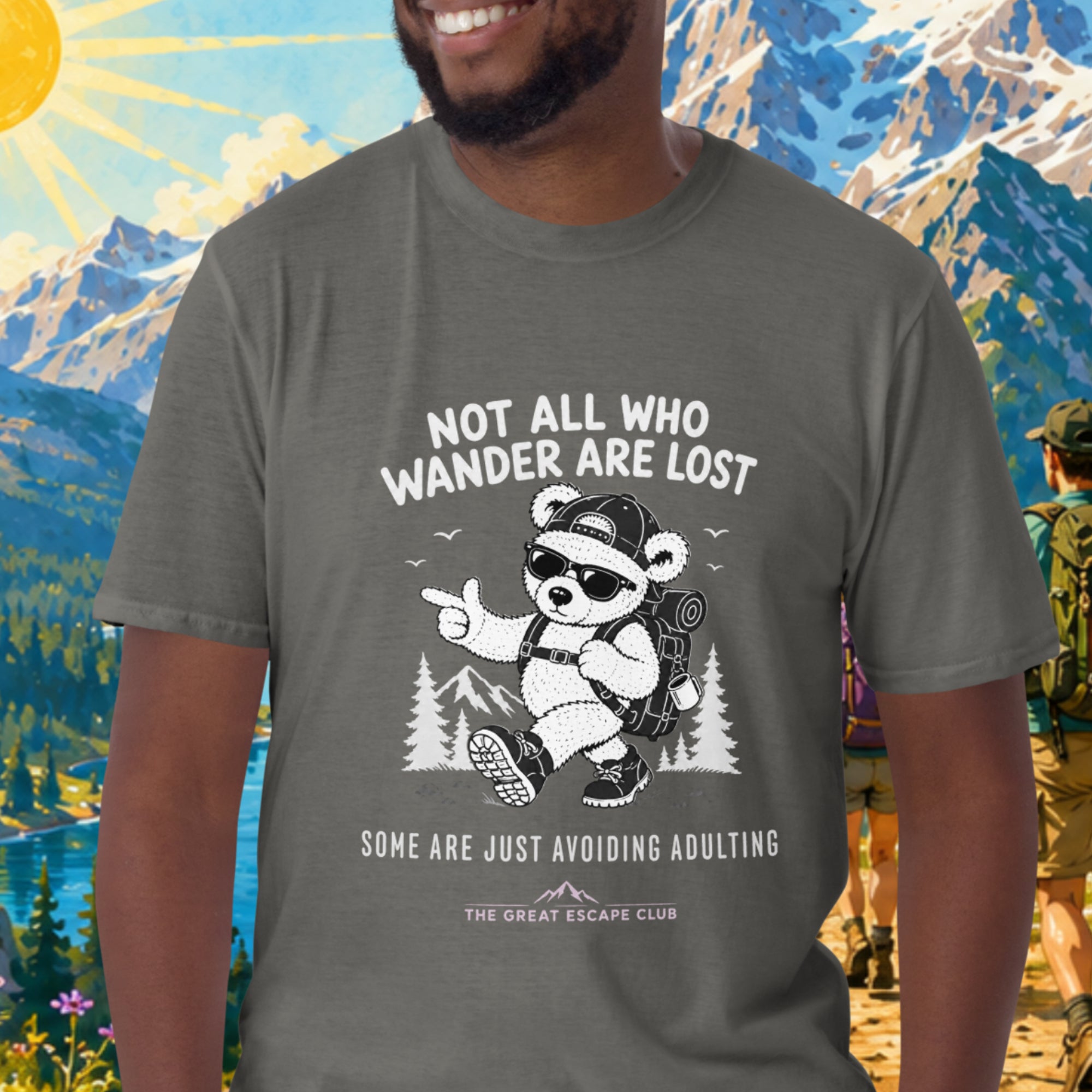 Not All Who Wander Are Lost Some Are Just Avoiding Adulting unisex charcoal T-shirt featuring a funny hiking bear with backpack, cap and sunglasses