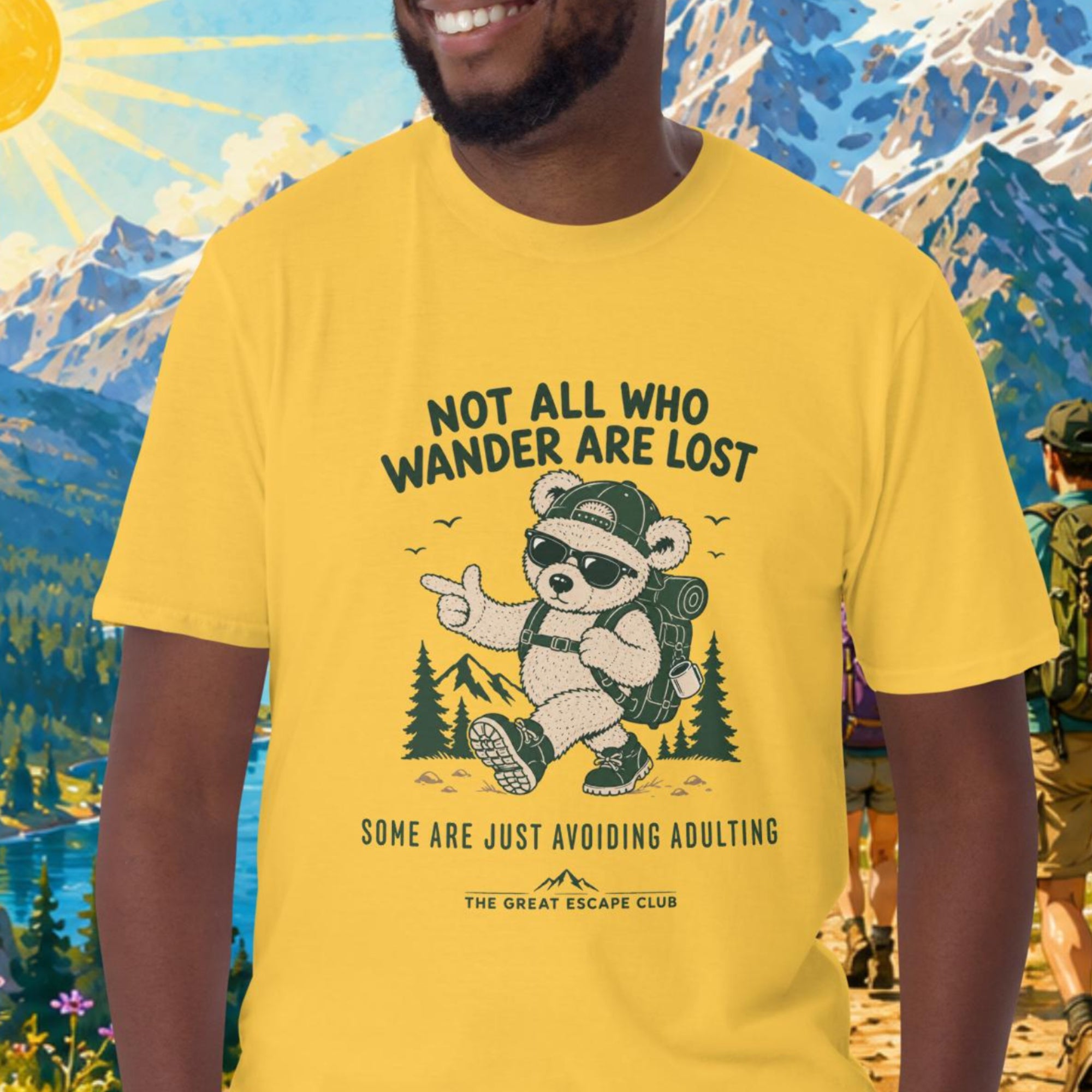 Not All Who Wander Are Lost Some Are Just Avoiding Adulting unisex T-shirt featuring a funny hiking bear with backpack, cap and sunglasses