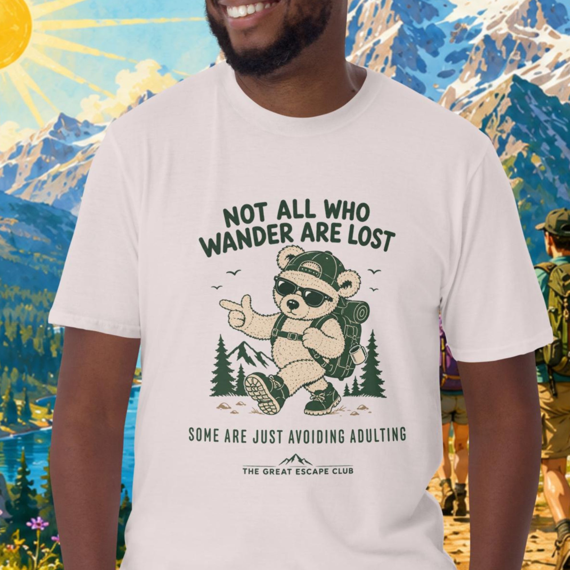 Not All Who Wander Are Lost Some Are Just Avoiding Adulting unisex ice grey T-shirt featuring a funny hiking bear with backpack, cap and sunglasses