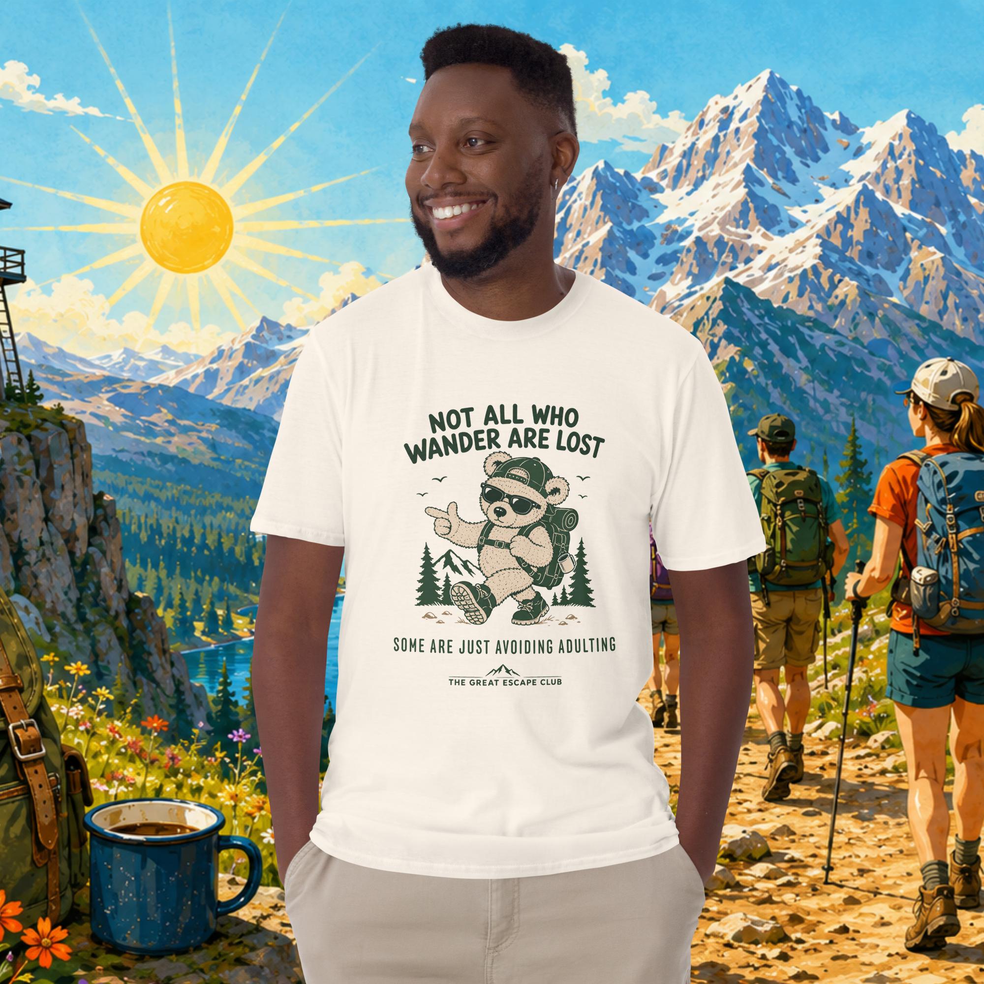 Not All Who Wander Are Lost Some Are Just Avoiding Adulting unisex natural T-shirt featuring a funny hiking bear with backpack, cap and sunglasses