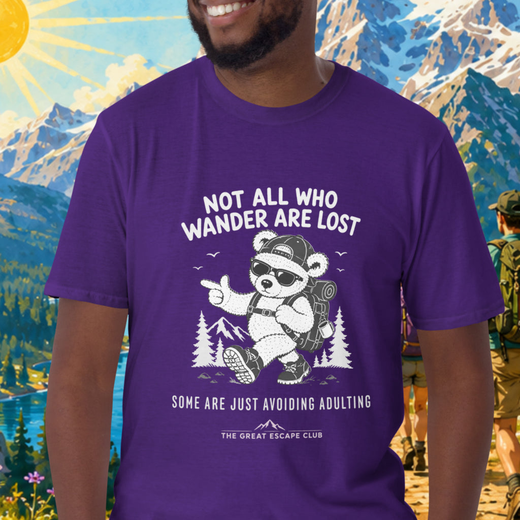 Not All Who Wander Are Lost Some Are Just Avoiding Adulting unisex purple T-shirt featuring a funny hiking bear with backpack, cap and sunglasses