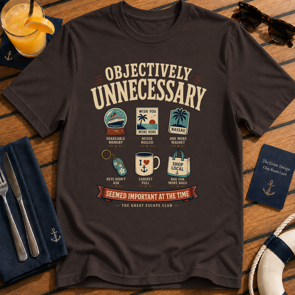 Objectively Unnecessary funny cruise souvenir t-shirt design on Dark Chocolate shirt