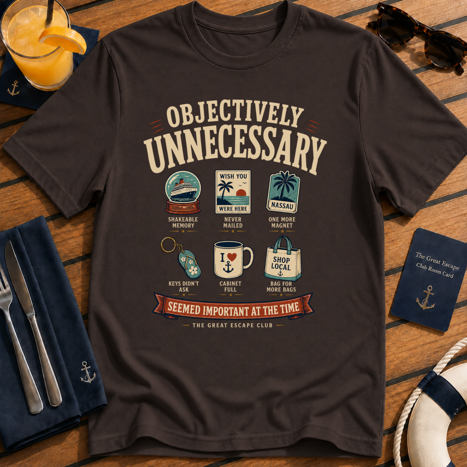 Objectively Unnecessary funny cruise souvenir t-shirt design on Dark Chocolate shirt