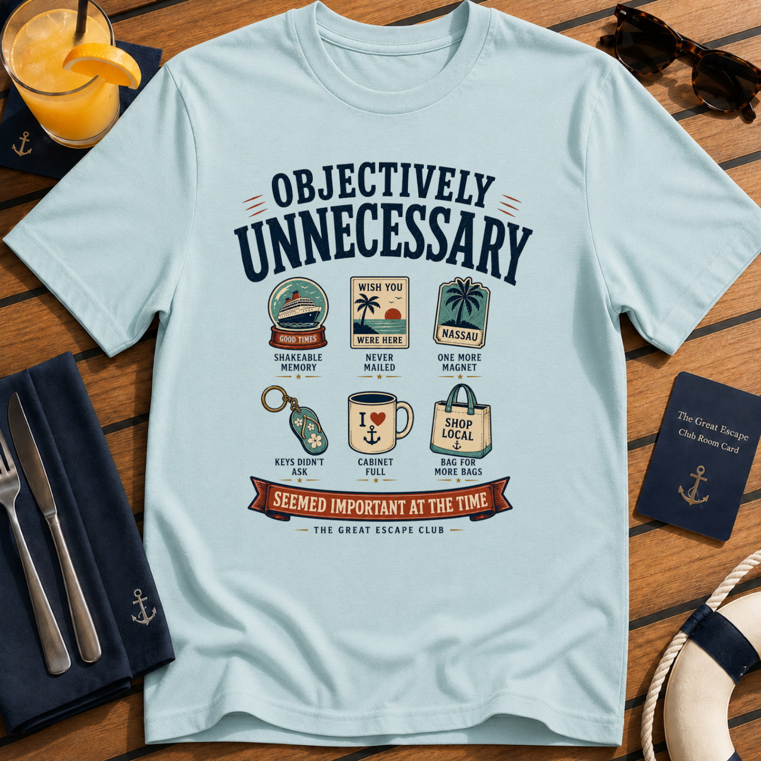 Objectively Unnecessary funny cruise souvenir t-shirt design on Light Blue shirt