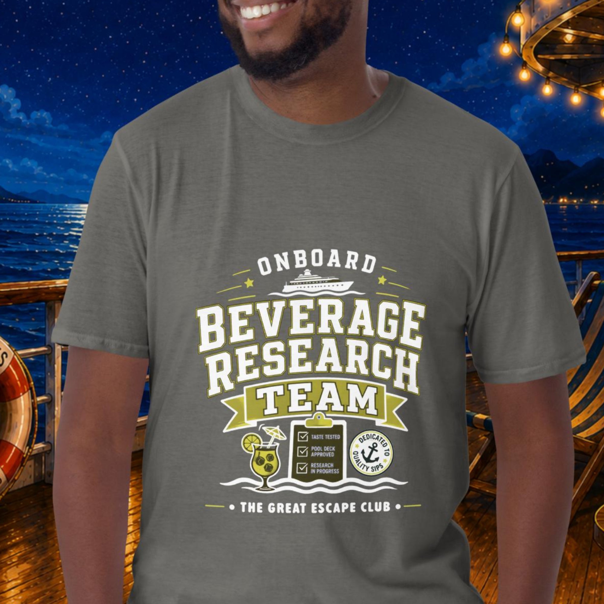 Onboard Beverage Research Team unisex charcoal grey T-shirt with funny cruise drink package design for sea day cocktails, group cruises and repeat cruisers