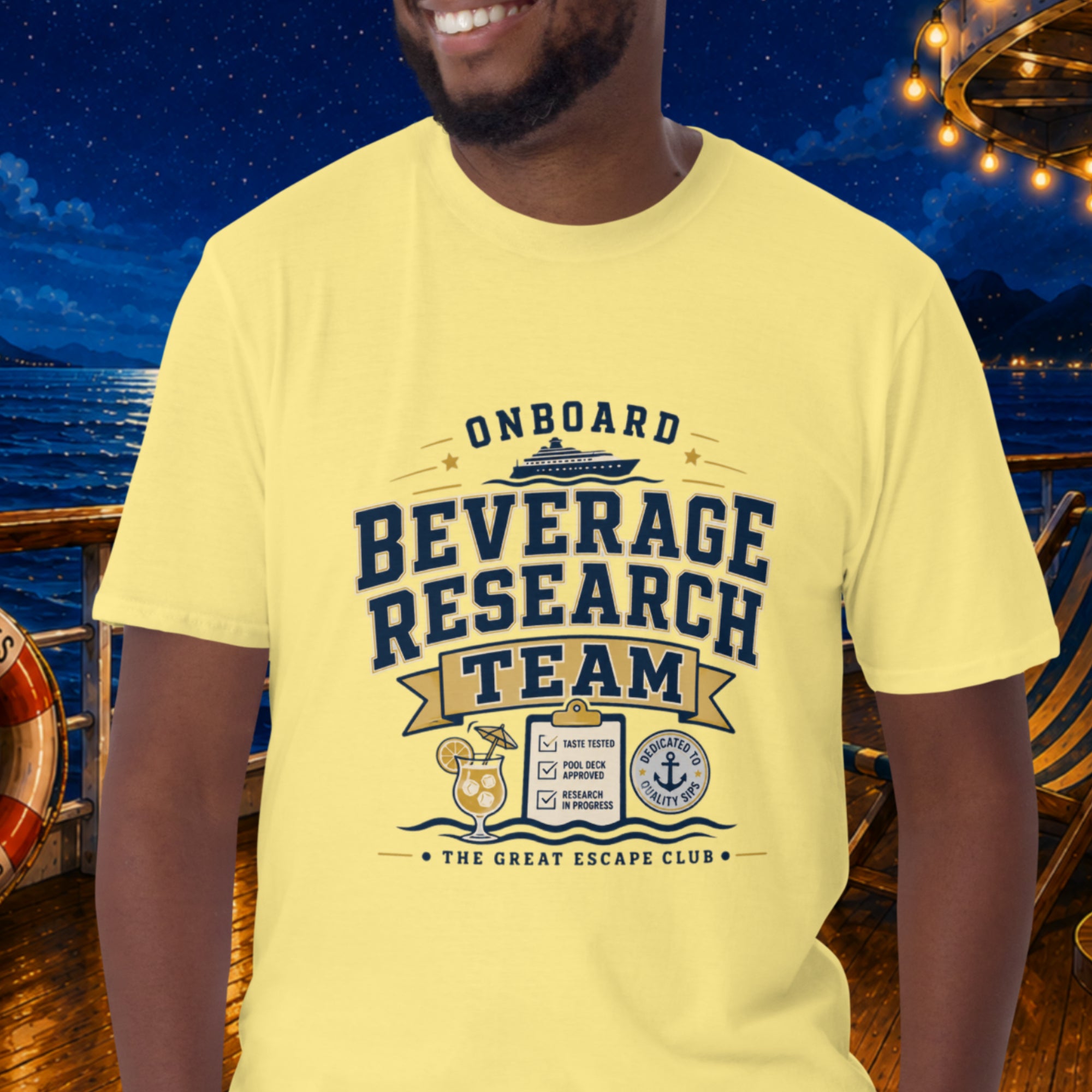 Onboard Beverage Research Team unisex cornsilk yellow T-shirt with funny cruise drink package design for sea day cocktails, group cruises and repeat cruisers
