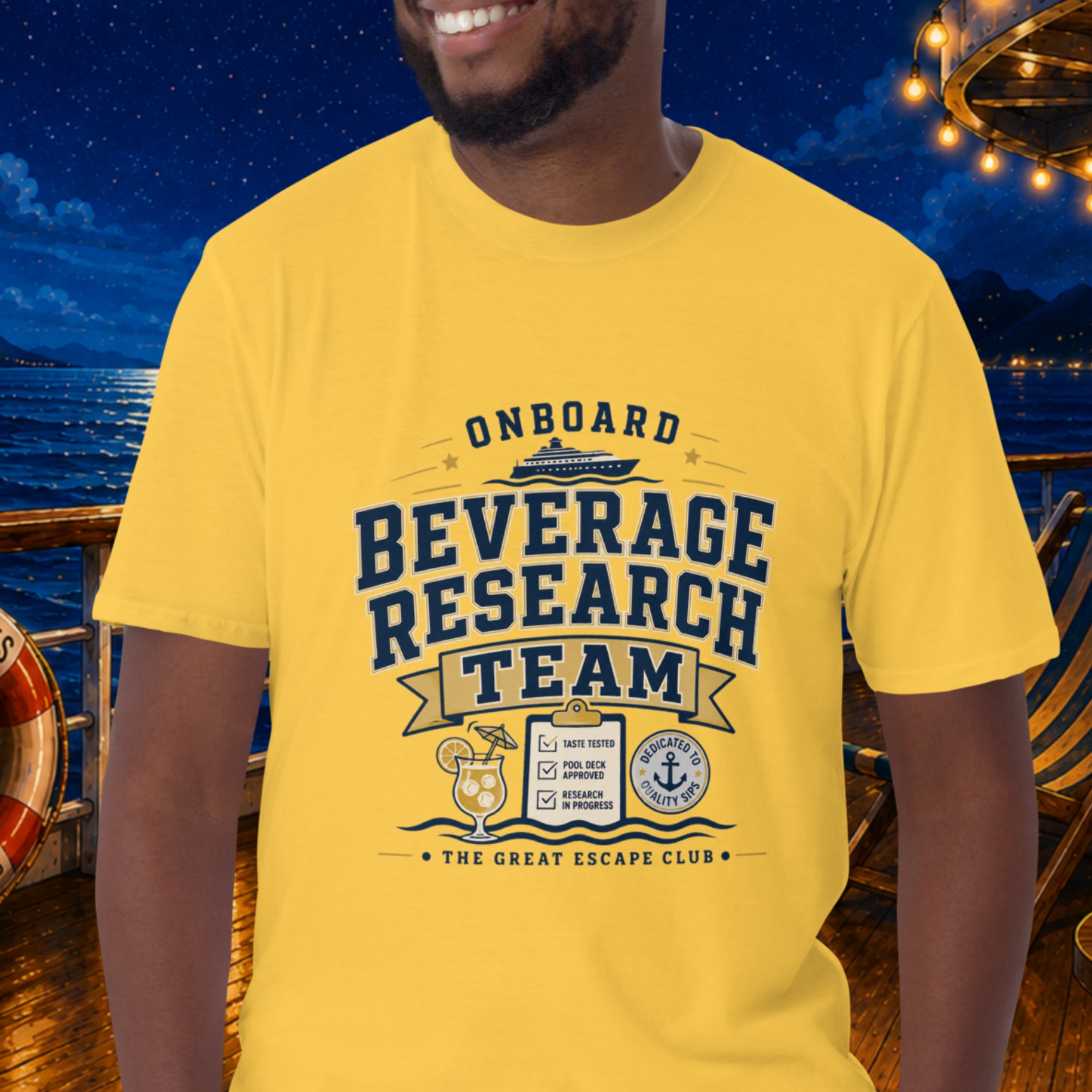 Onboard Beverage Research Team unisex daisy yellow T-shirt with funny cruise drink package design for sea day cocktails, group cruises and repeat cruisers