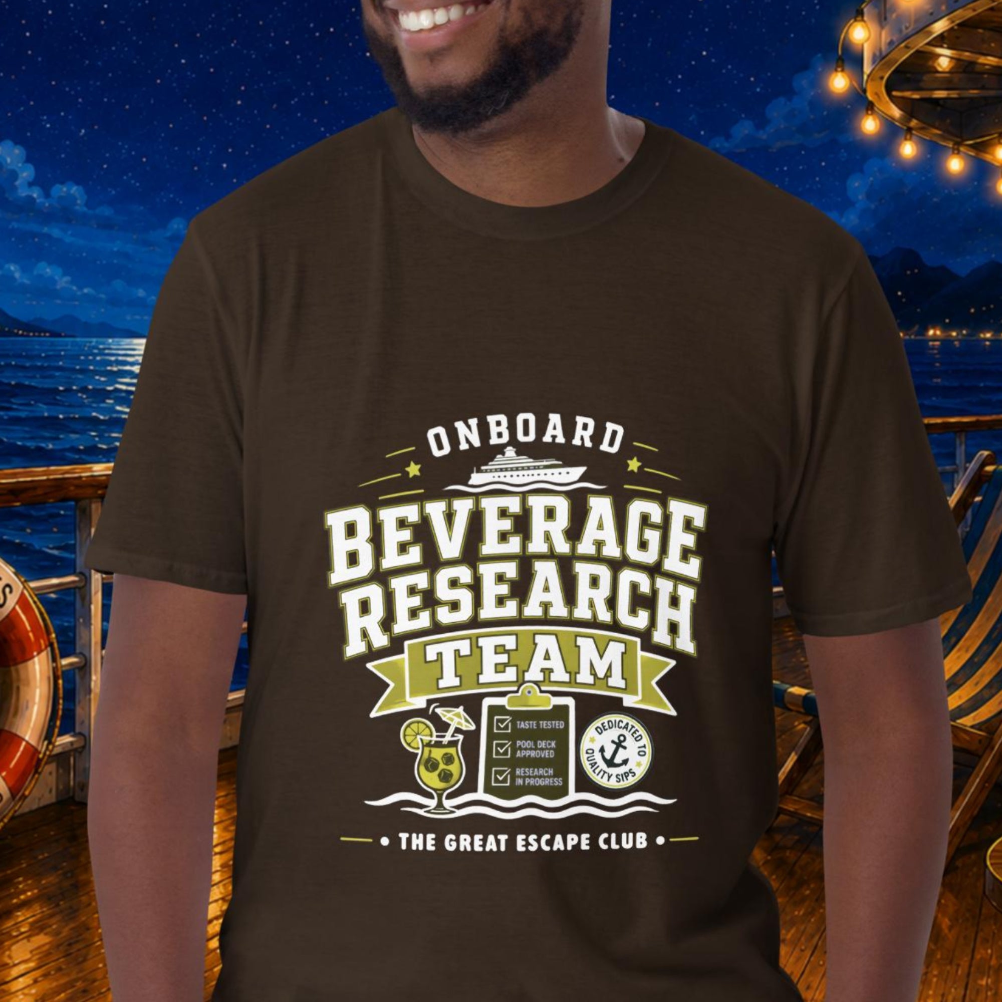Onboard Beverage Research Team unisex dark chocolate brown T-shirt with funny cruise drink package design for sea day cocktails, group cruises and repeat cruisers