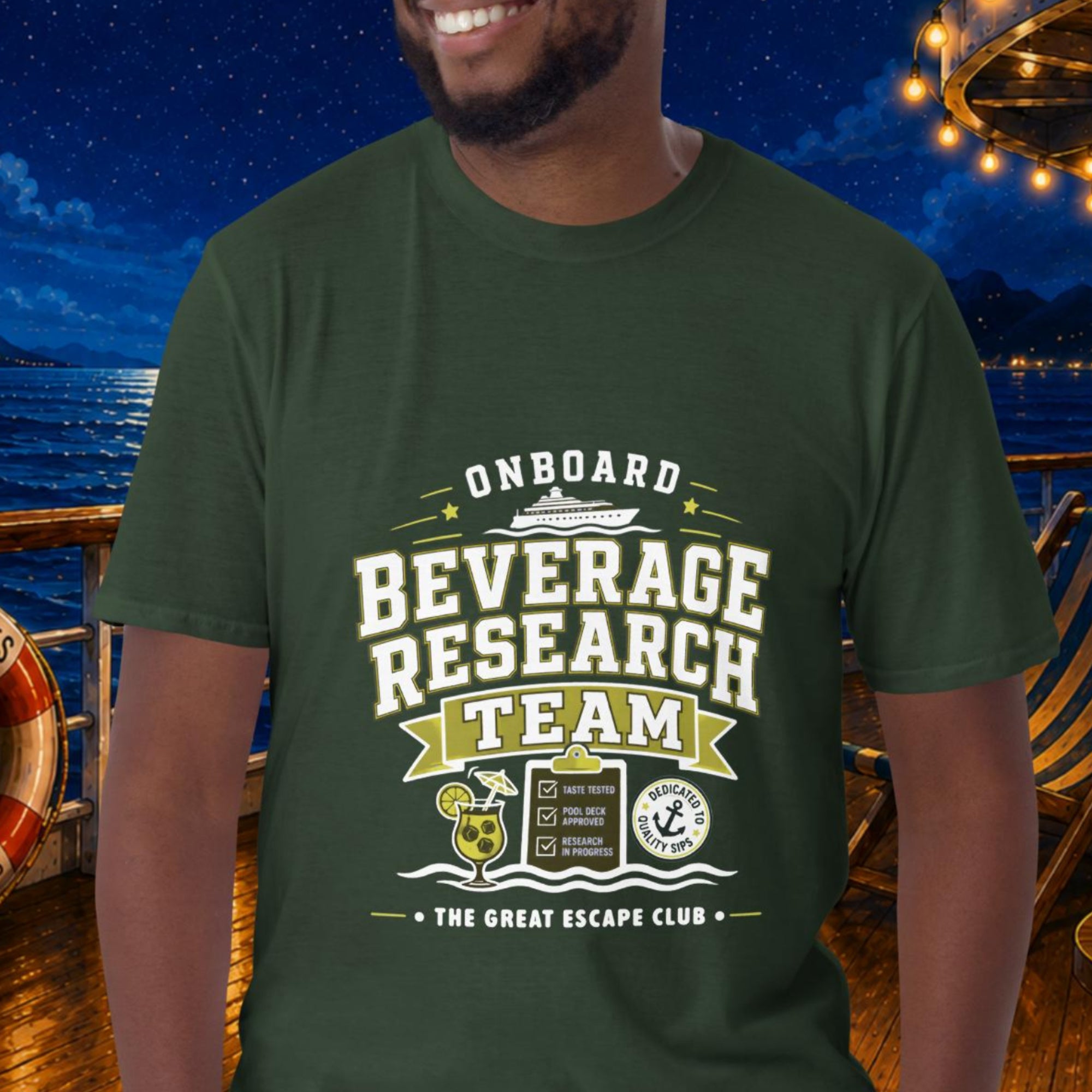 Onboard Beverage Research Team unisex forest green T-shirt with funny cruise drink package design for sea day cocktails, group cruises and repeat cruisers