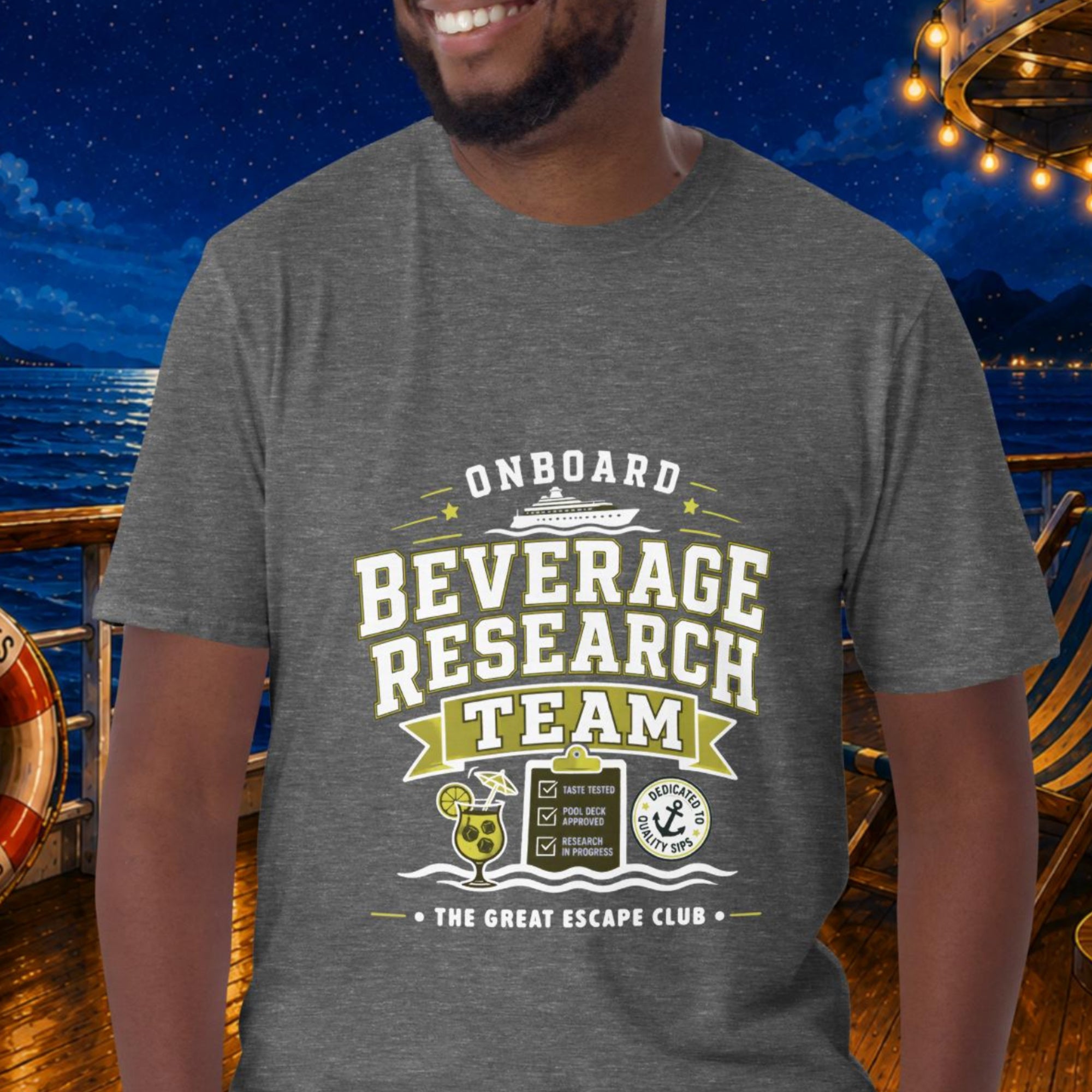 Onboard Beverage Research Team unisex graphite grey T-shirt with funny cruise drink package design for sea day cocktails, group cruises and repeat cruisers
