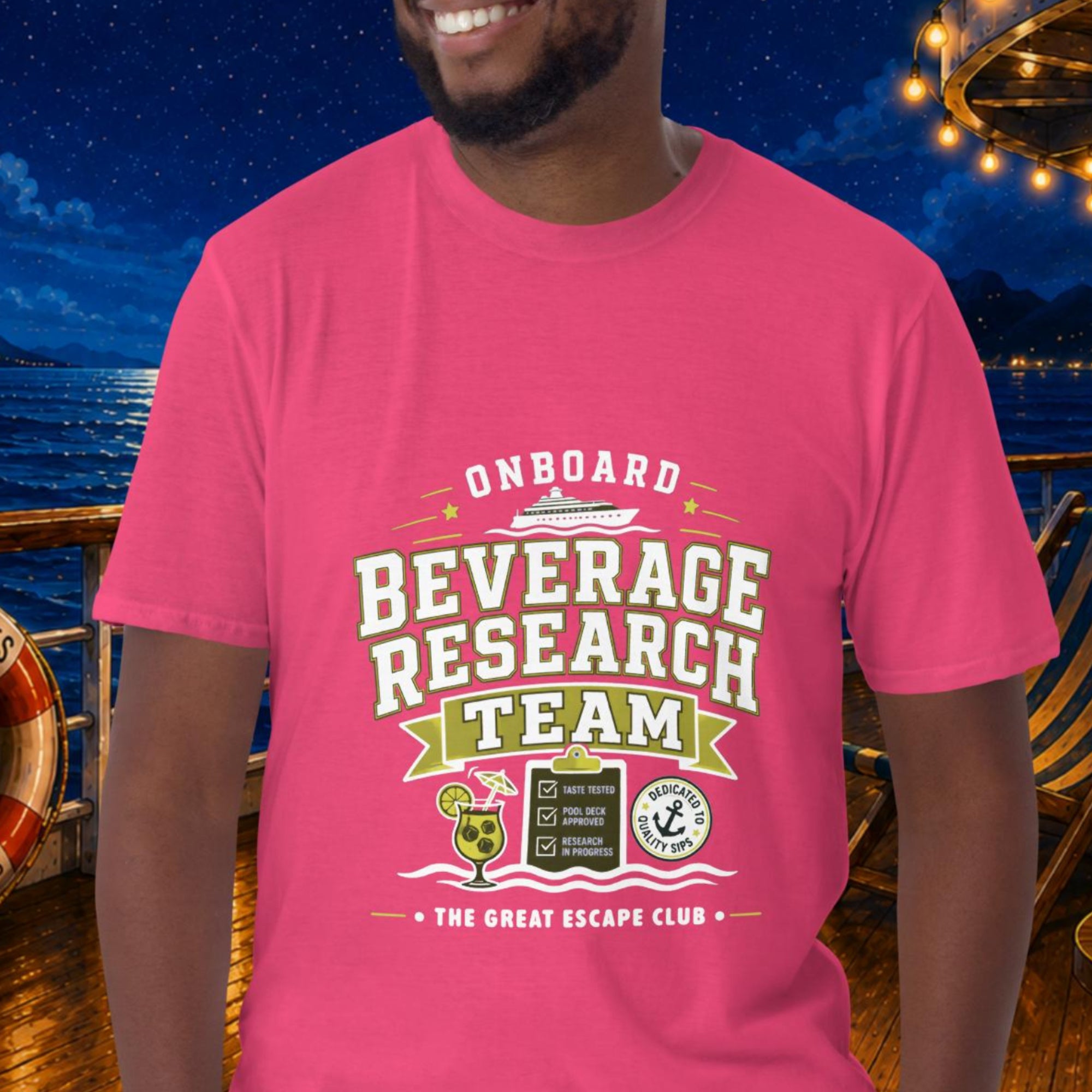 Onboard Beverage Research Team unisex heliconia hot pink T-shirt with funny cruise drink package design for sea day cocktails, group cruises and repeat cruisers