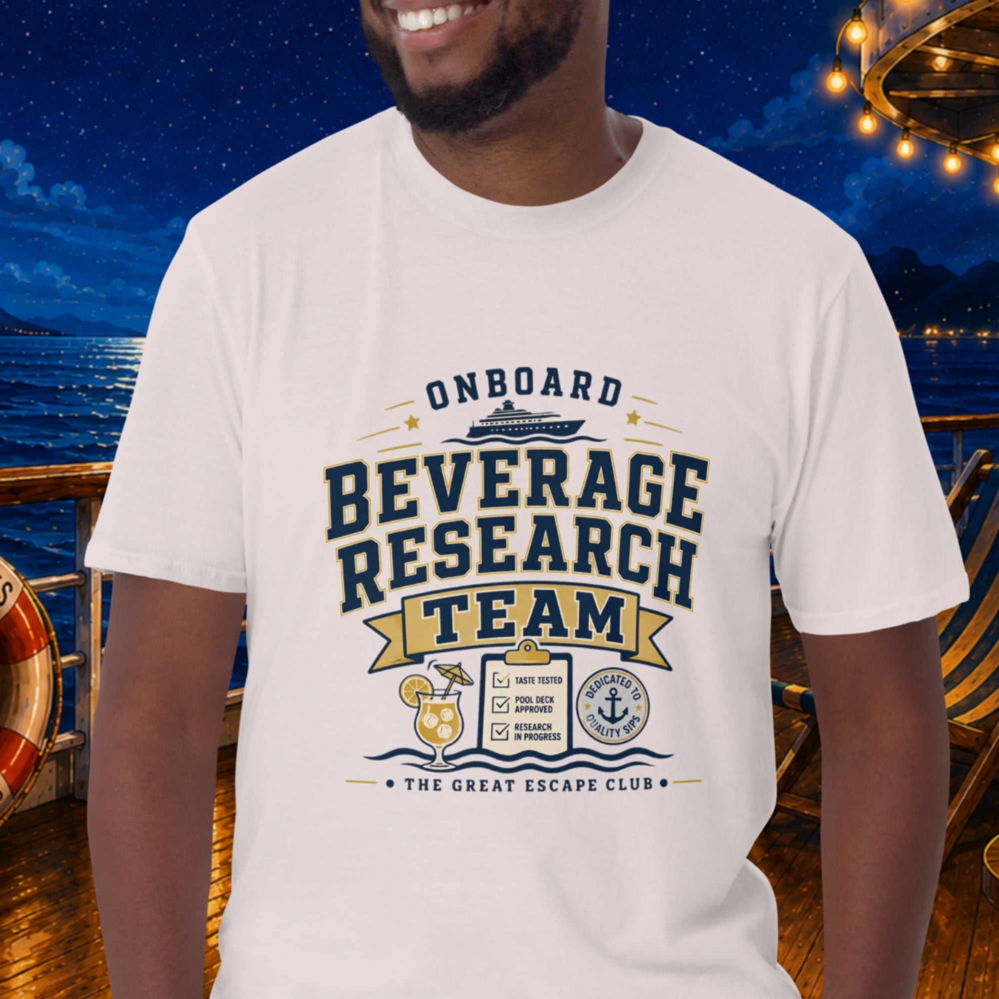 Onboard Beverage Research Team unisex ice grey T-shirt with funny cruise drink package design for sea day cocktails, group cruises and repeat cruisers