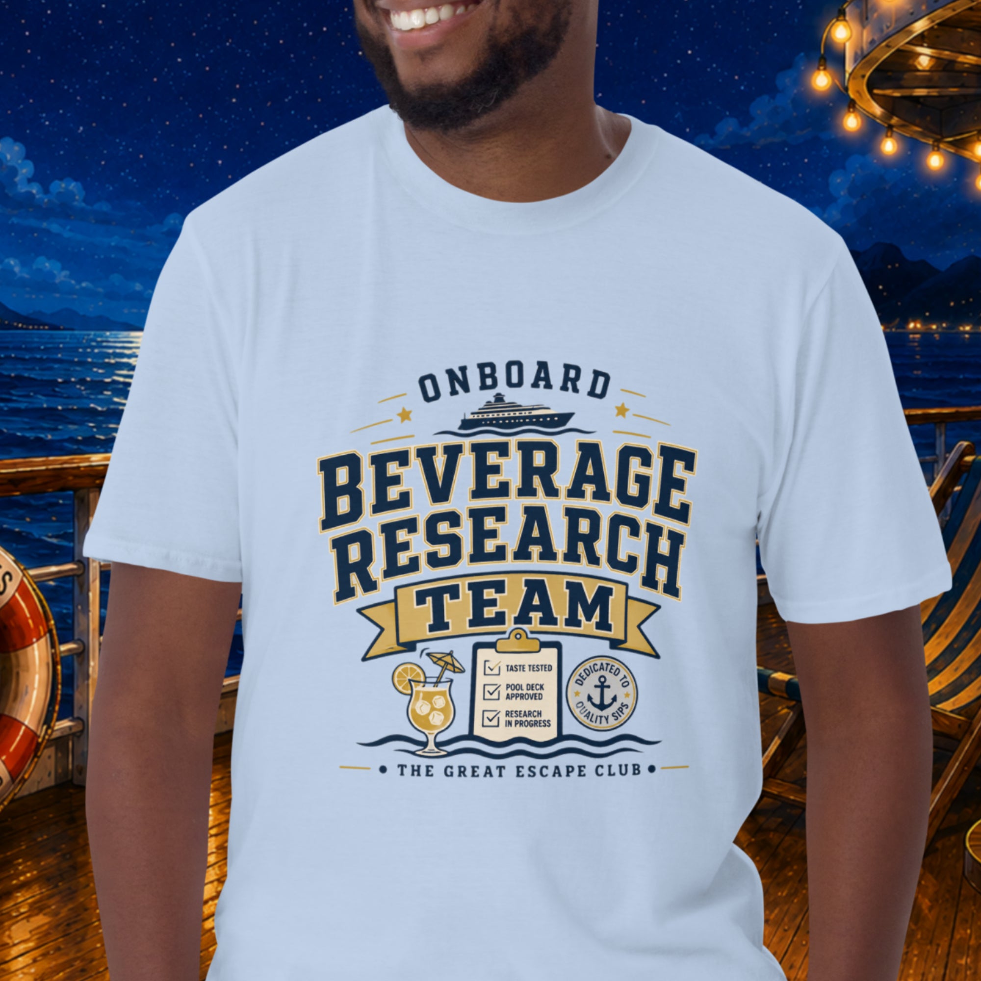 Onboard Beverage Research Team unisex light blue T-shirt with funny cruise drink package design for sea day cocktails, group cruises and repeat cruisers