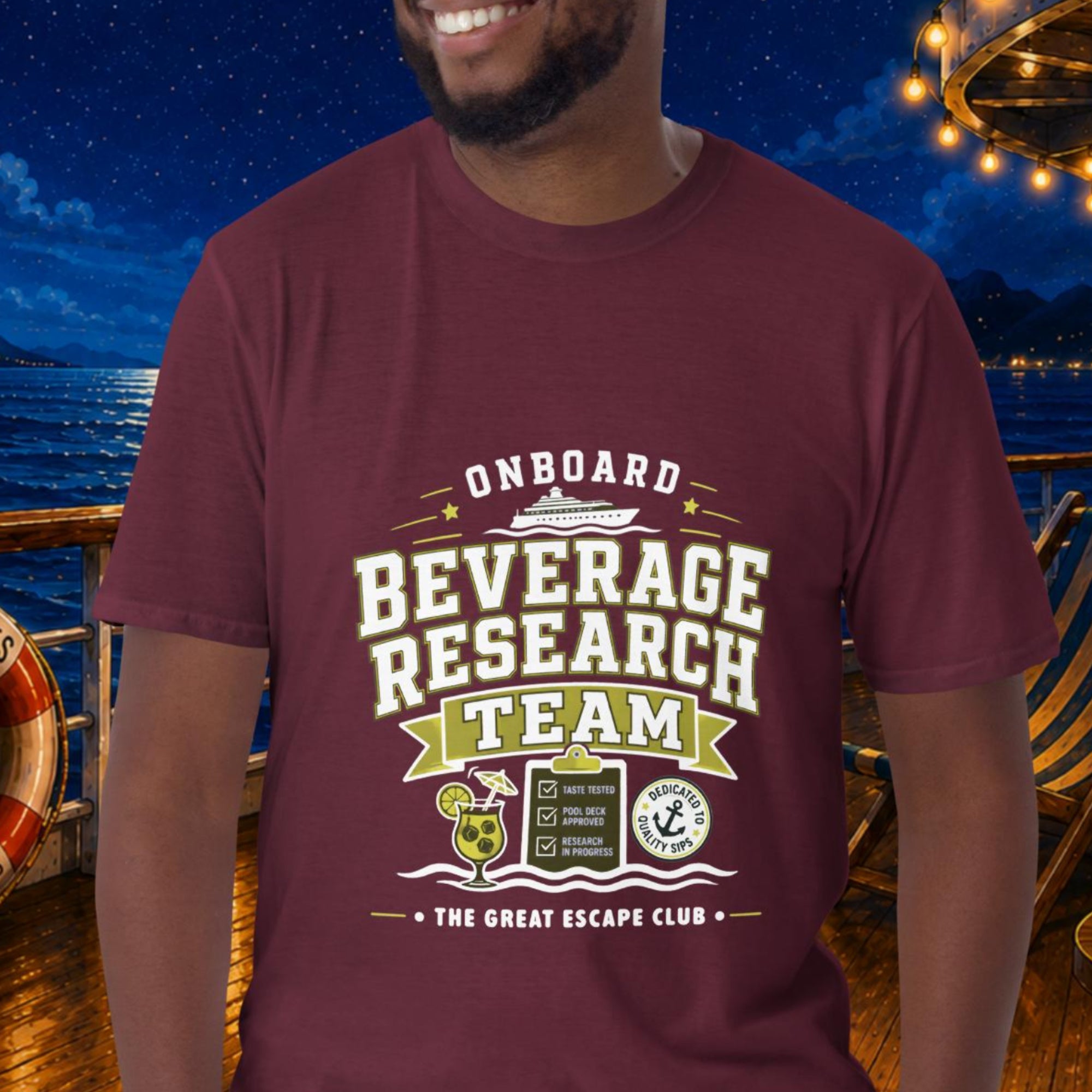 Onboard Beverage Research Team unisex maroon T-shirt with funny cruise drink package design for sea day cocktails, group cruises and repeat cruisers