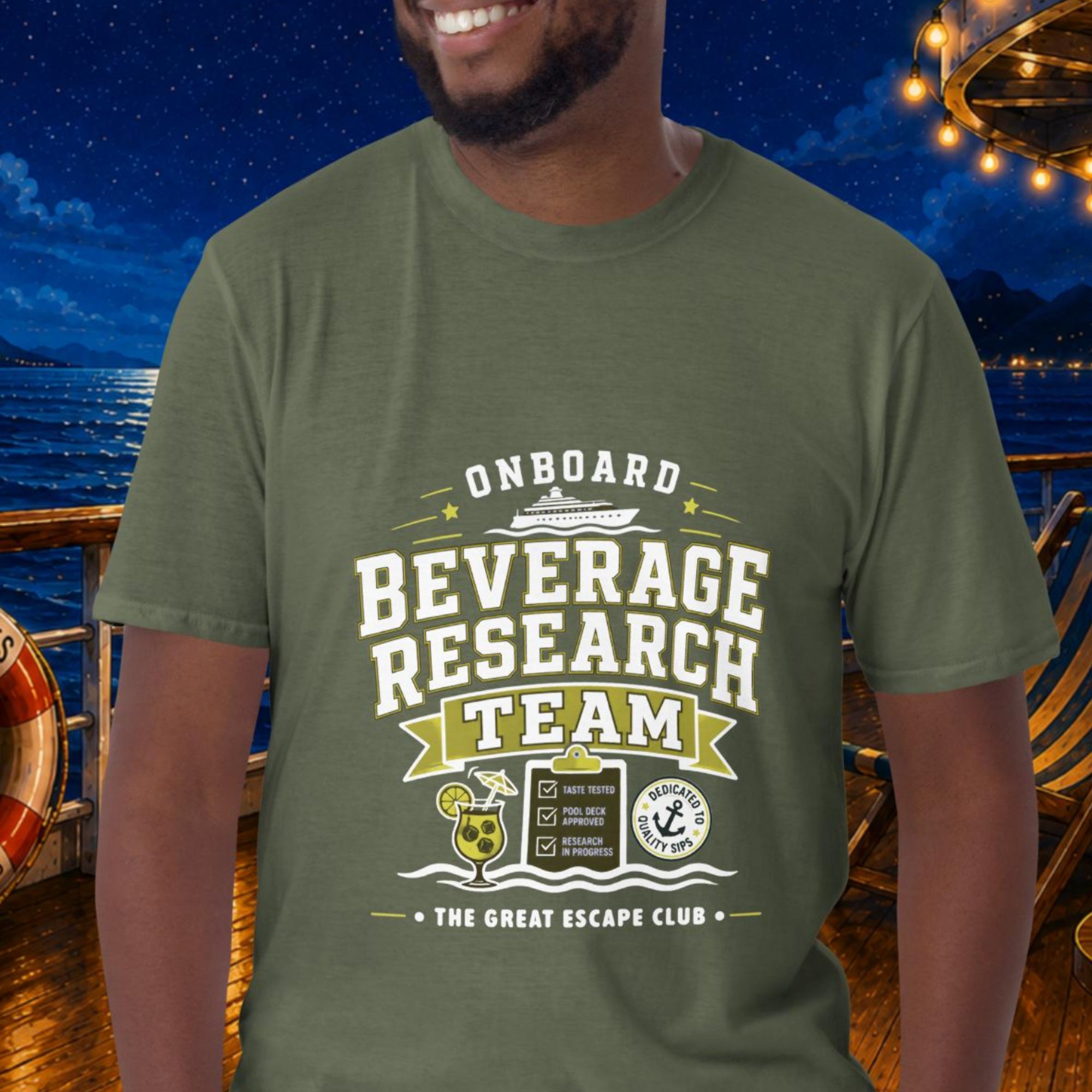 Onboard Beverage Research Team unisex military green T-shirt with funny cruise drink package design for sea day cocktails, group cruises and repeat cruisers