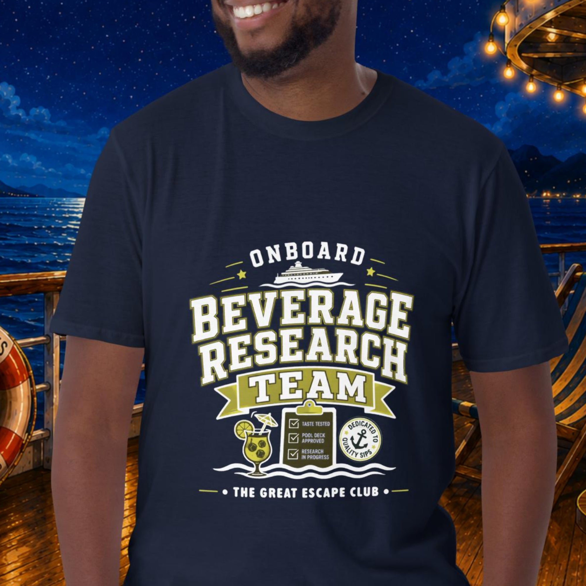Onboard Beverage Research Team unisex navy T-shirt with funny cruise drink package design for sea day cocktails, group cruises and repeat cruisers