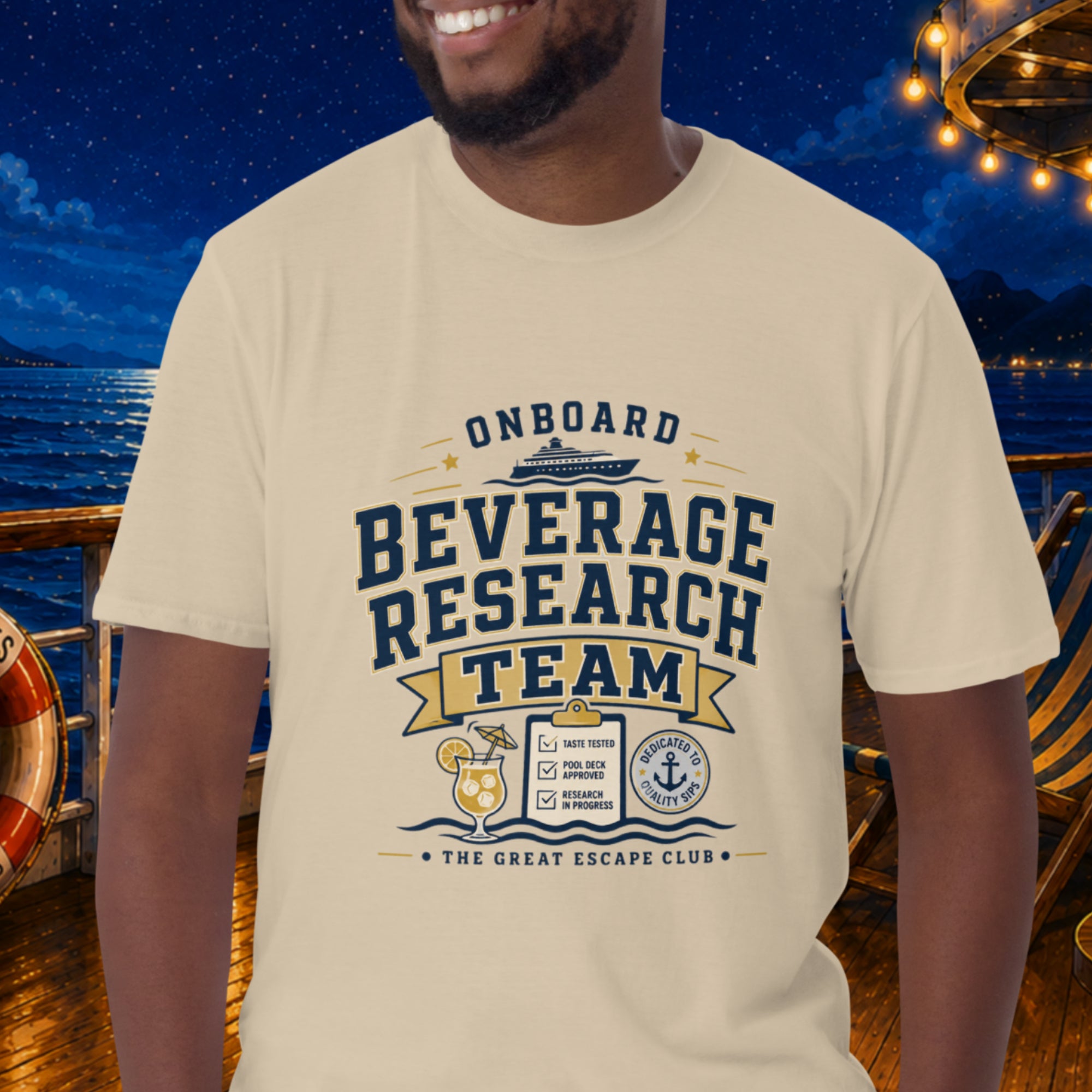 Onboard Beverage Research Team unisex sandy coloured T-shirt with funny cruise drink package design for sea day cocktails, group cruises and repeat cruisers