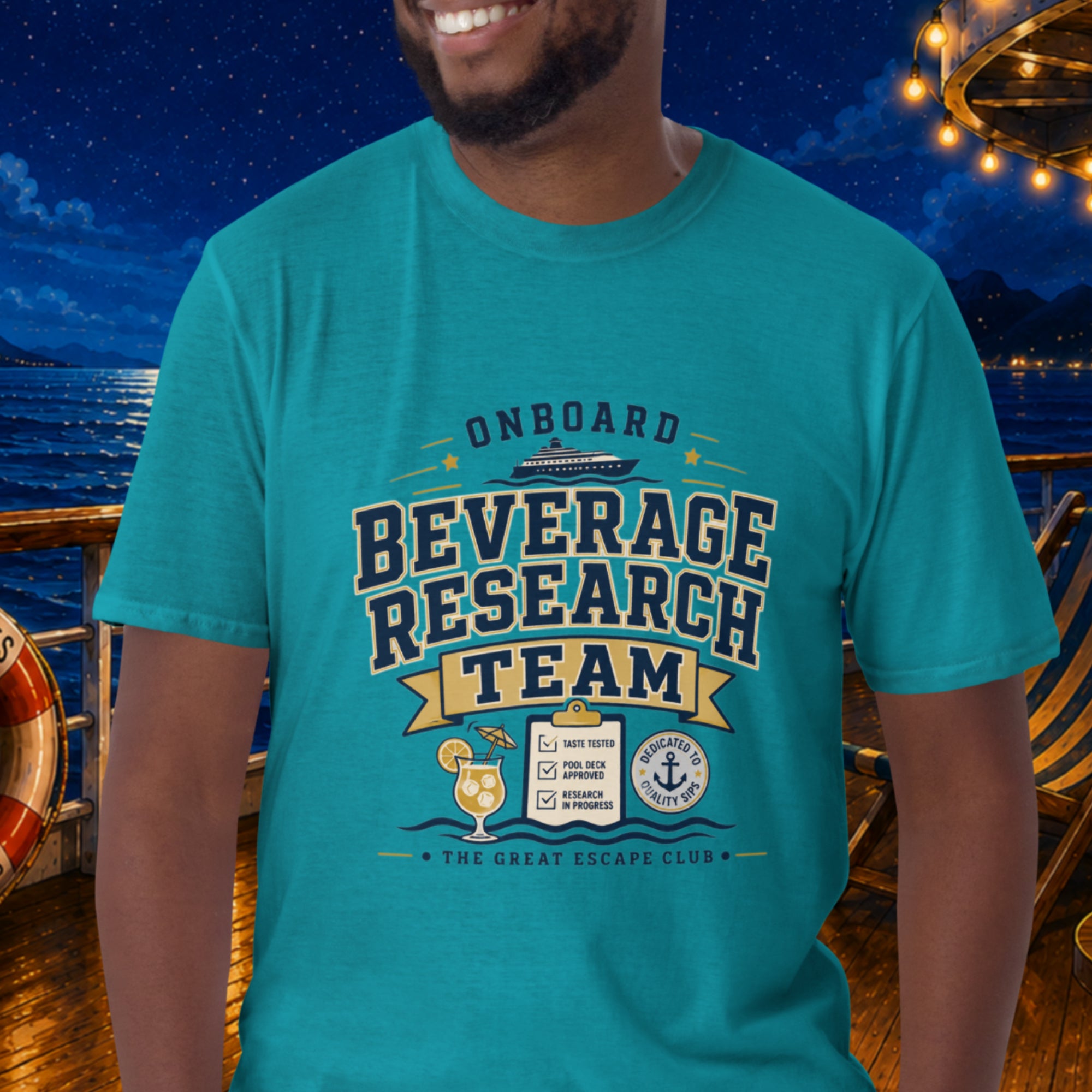 Onboard Beverage Research Team unisex tropical blue T-shirt with funny cruise drink package design for sea day cocktails, group cruises and repeat cruisers