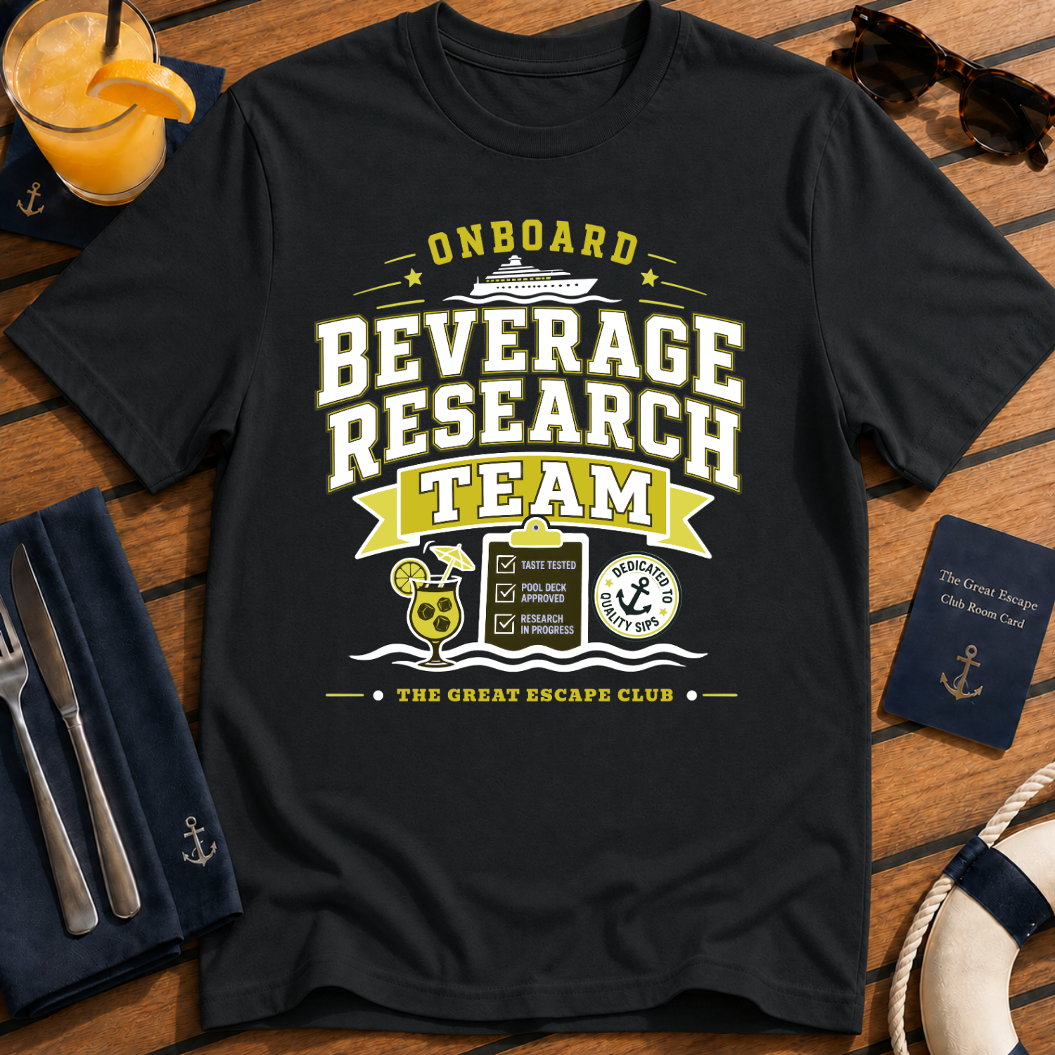 Onboard Beverage Research Team funny cruise drinking t-shirt design on Black shirt