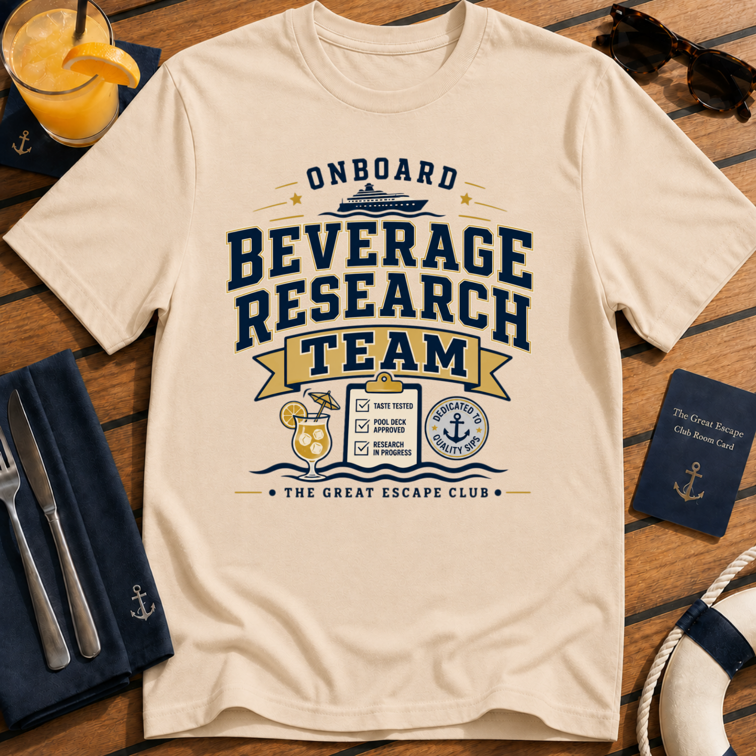 Onboard Beverage Research Team funny matching cruise drinking t-shirt design on Natural shirt