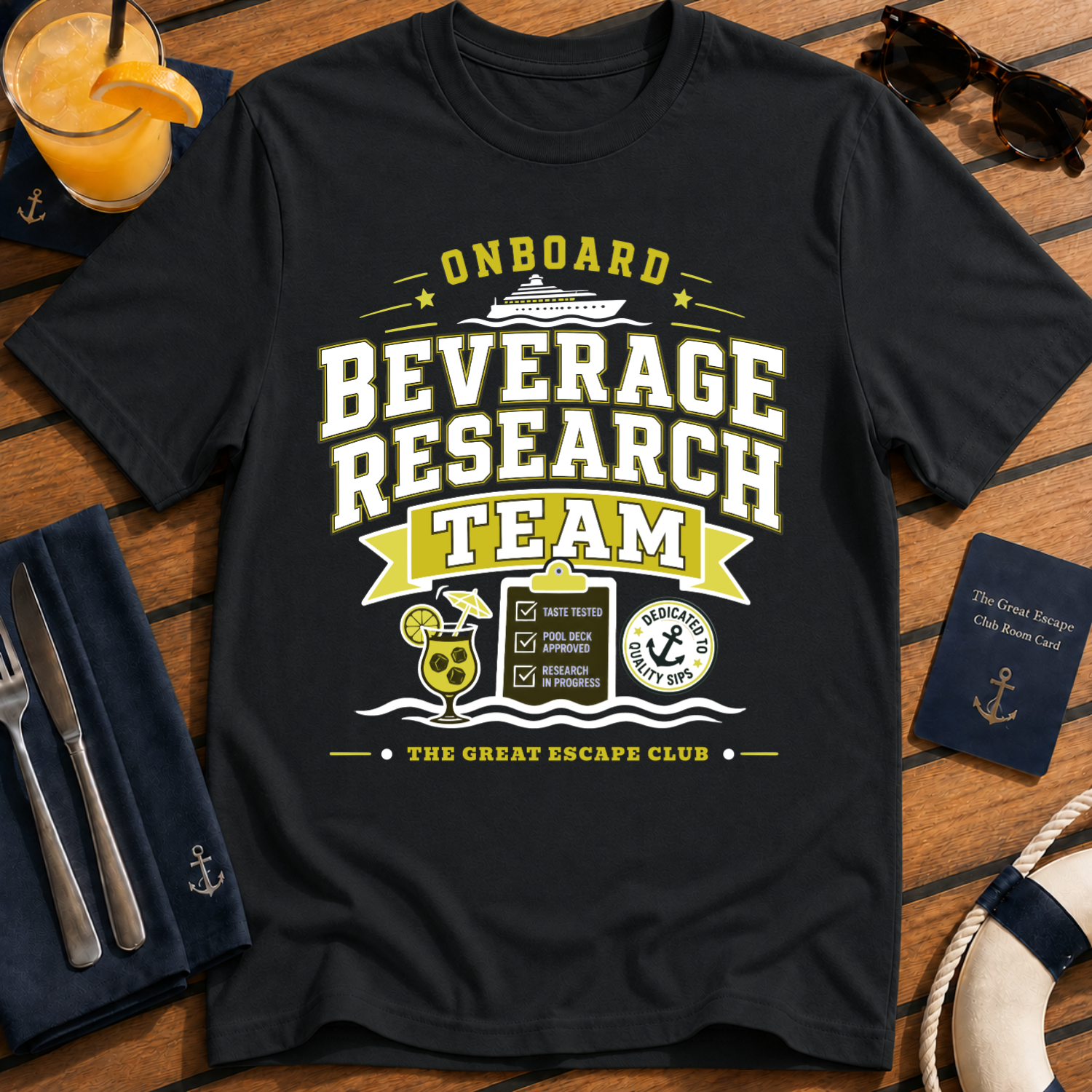 Onboard Research Team funny cruise black t-shirt for matching groups, solo sailors and holiday crews by The Great Escape Club