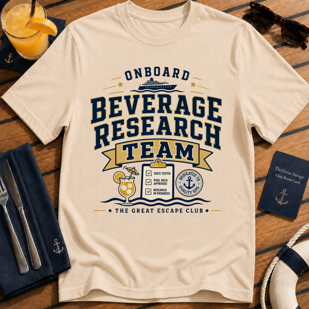 Onboard Research Team funny cruise natural-tan t-shirt for matching groups, solo sailors and holiday crews by The Great Escape Club
