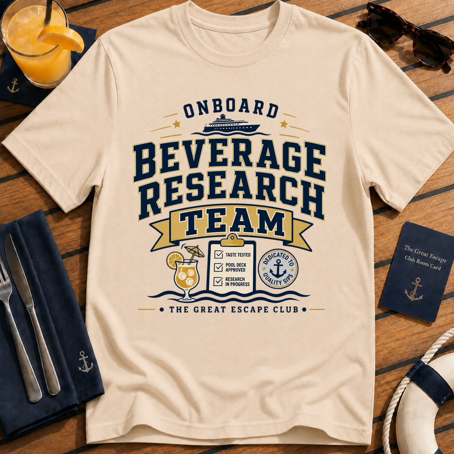 Onboard Research Team funny cruise natural-tan t-shirt for matching groups, solo sailors and holiday crews by The Great Escape Club