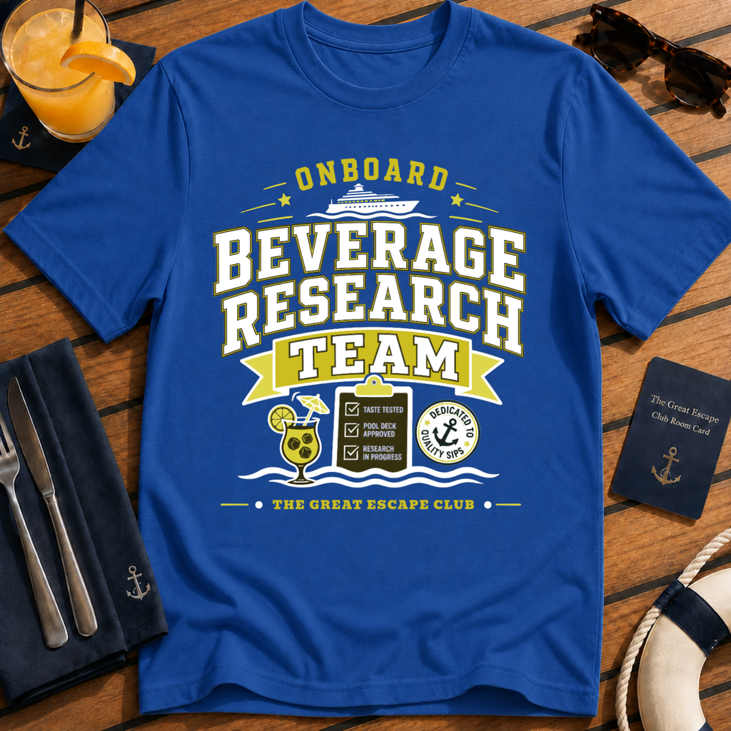 Onboard Research Team funny cruise royal blue t-shirt for matching groups, solo sailors and holiday crews by The Great Escape Club