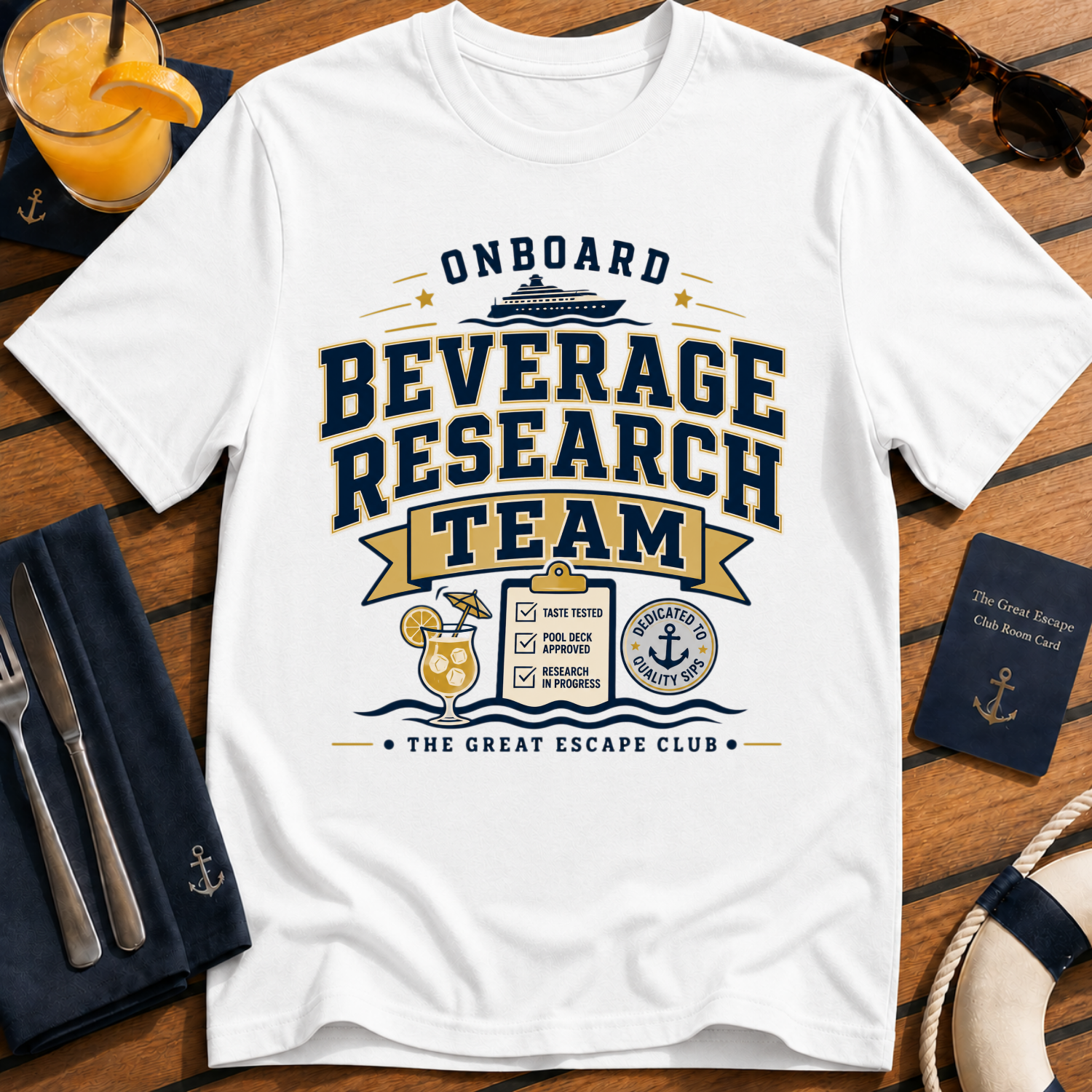 Onboard Research Team funny cruise white t-shirt for matching groups, solo sailors and holiday crews by The Great Escape Club