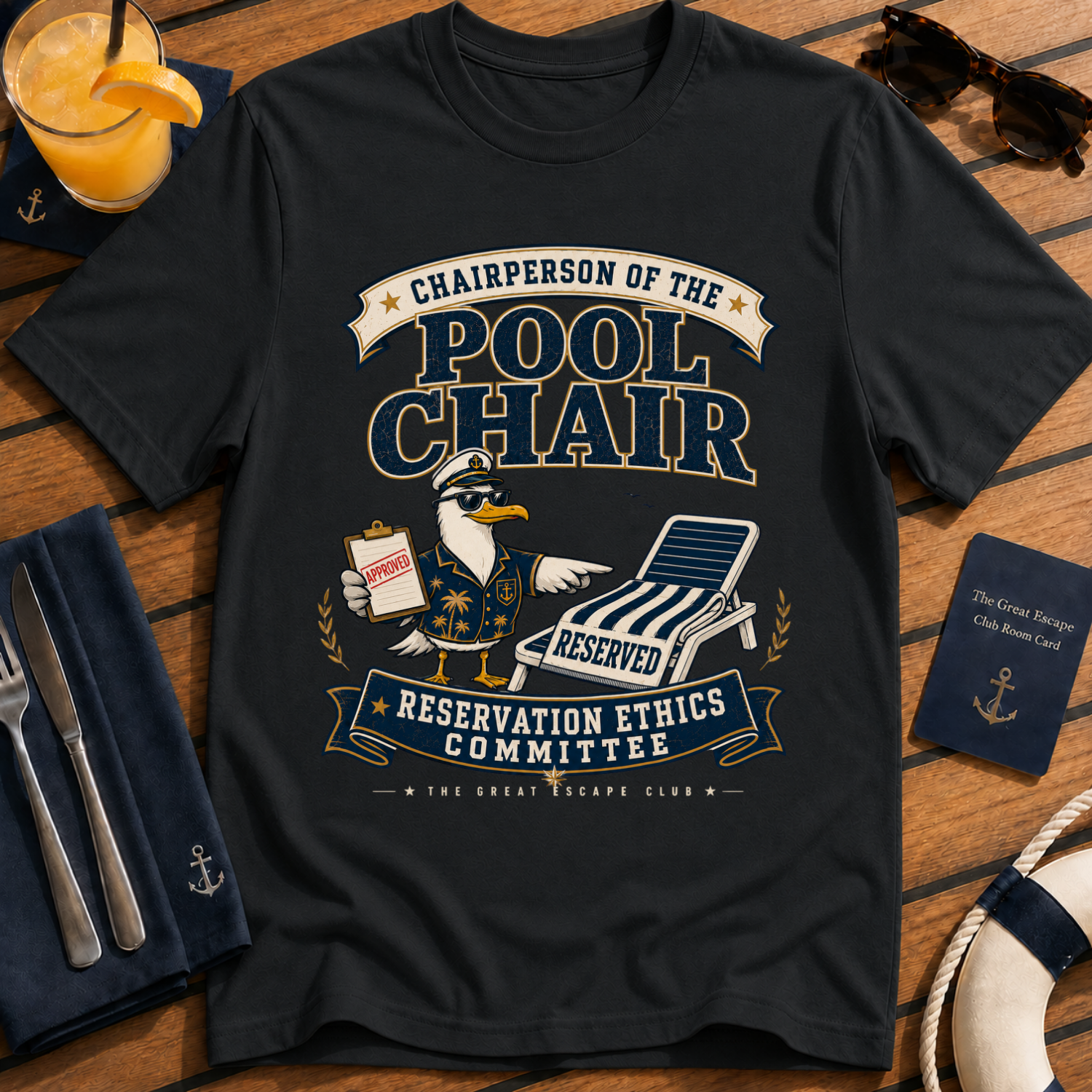 Pool Chair Reservation Ethics Committee funny cruise t-shirt design on Black shirt