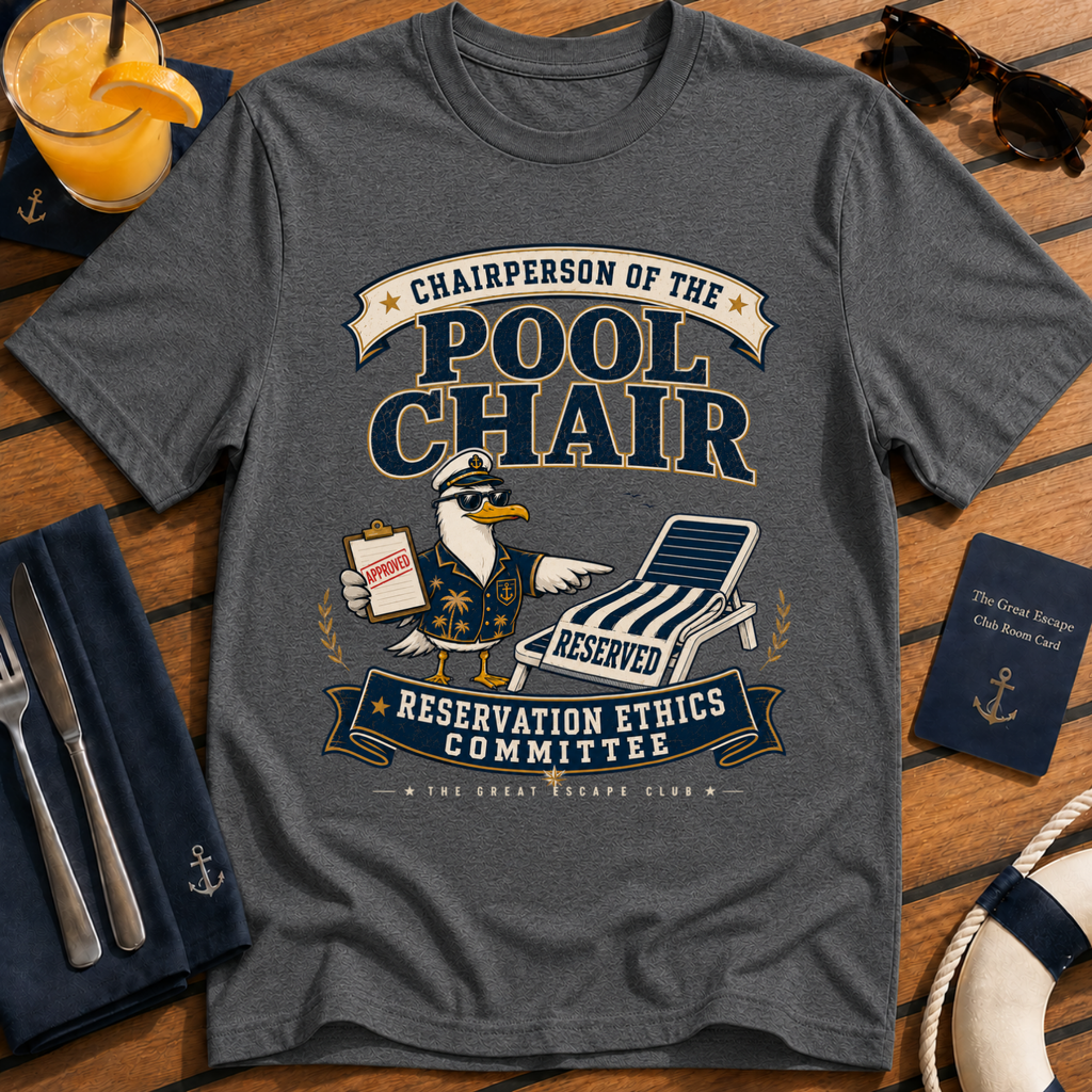 Pool Chair Reservation Ethics Committee funny cruise t-shirt design on Dark Heather shirt