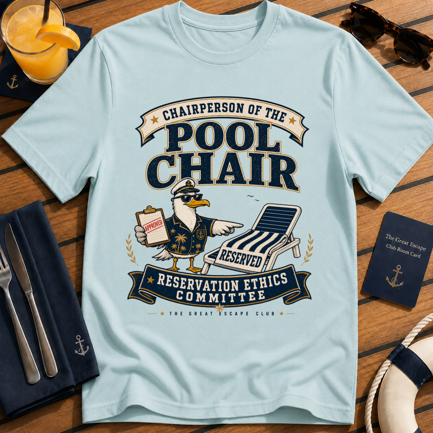 Pool Chair Reservation Ethics Committee funny cruise t-shirt design on Light Blue shirt