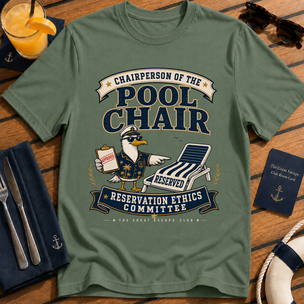Pool Chair Reservation Ethics Committee funny cruise t-shirt design on Military Green shirt