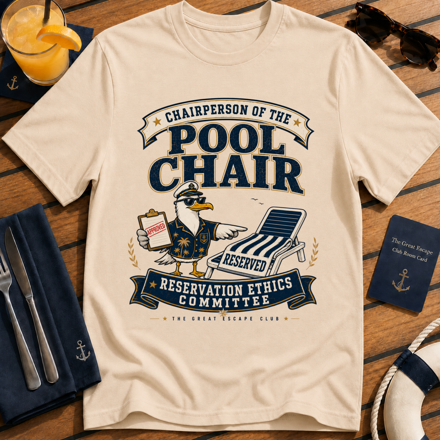Pool Chair Reservation Ethics Committee funny cruise t-shirt design on Natural shirt