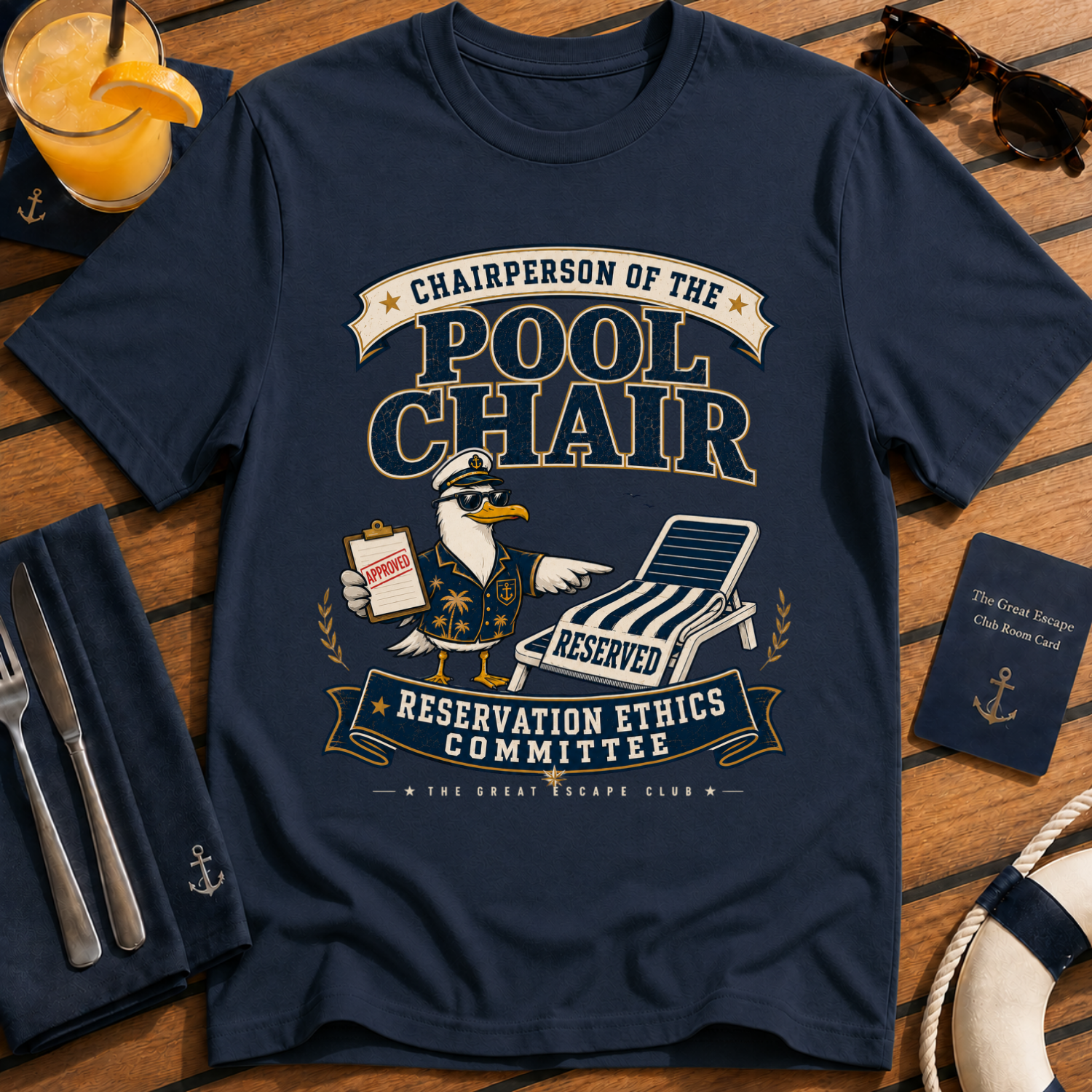 Pool Chair Reservation Ethics Committee funny cruise t-shirt design on Navy shirt