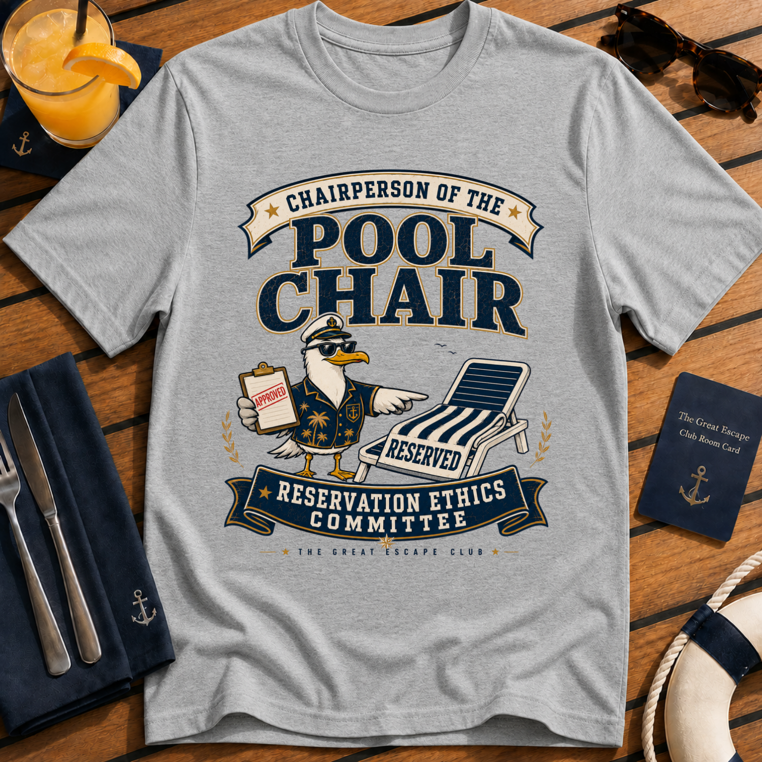 Pool Chair Reservation Ethics Committee funny cruise t-shirt design on Sport Grey shirt