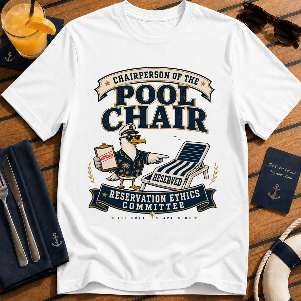 Pool Chair Reservation Ethics Committee funny cruise t-shirt design on White shirt