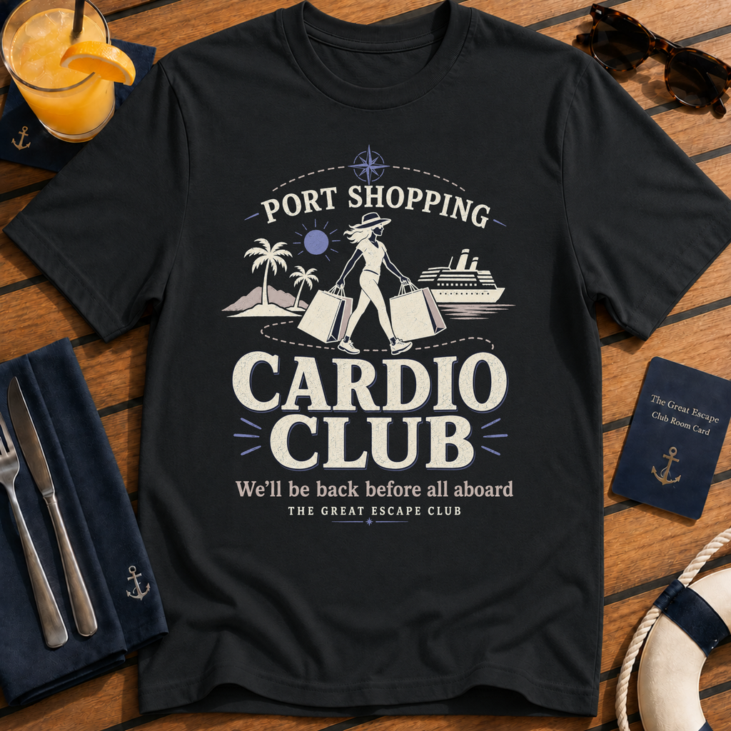 Port Shopping Cardio Club funny cruise shopping t-shirt design on Black shirt
