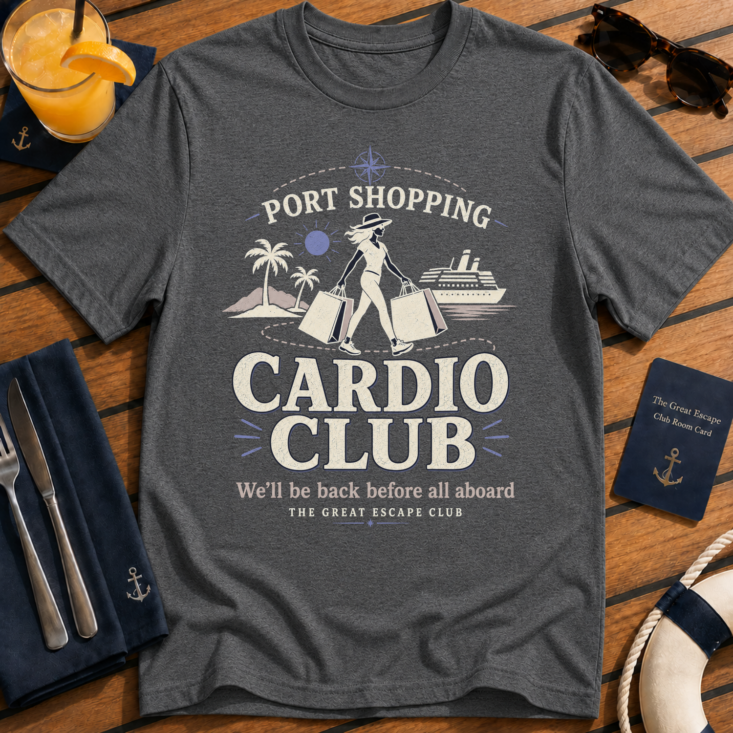 Port Shopping Cardio Club funny cruise shopping t-shirt design on Dark Heather shirt