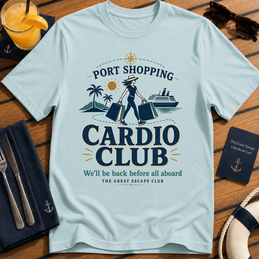 Port Shopping Cardio Club funny cruise shopping t-shirt design on Light Blue shirt