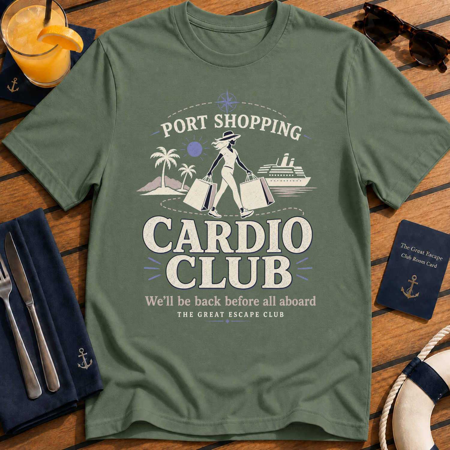 Port Shopping Cardio Club funny cruise shopping t-shirt design on Military Green shirt