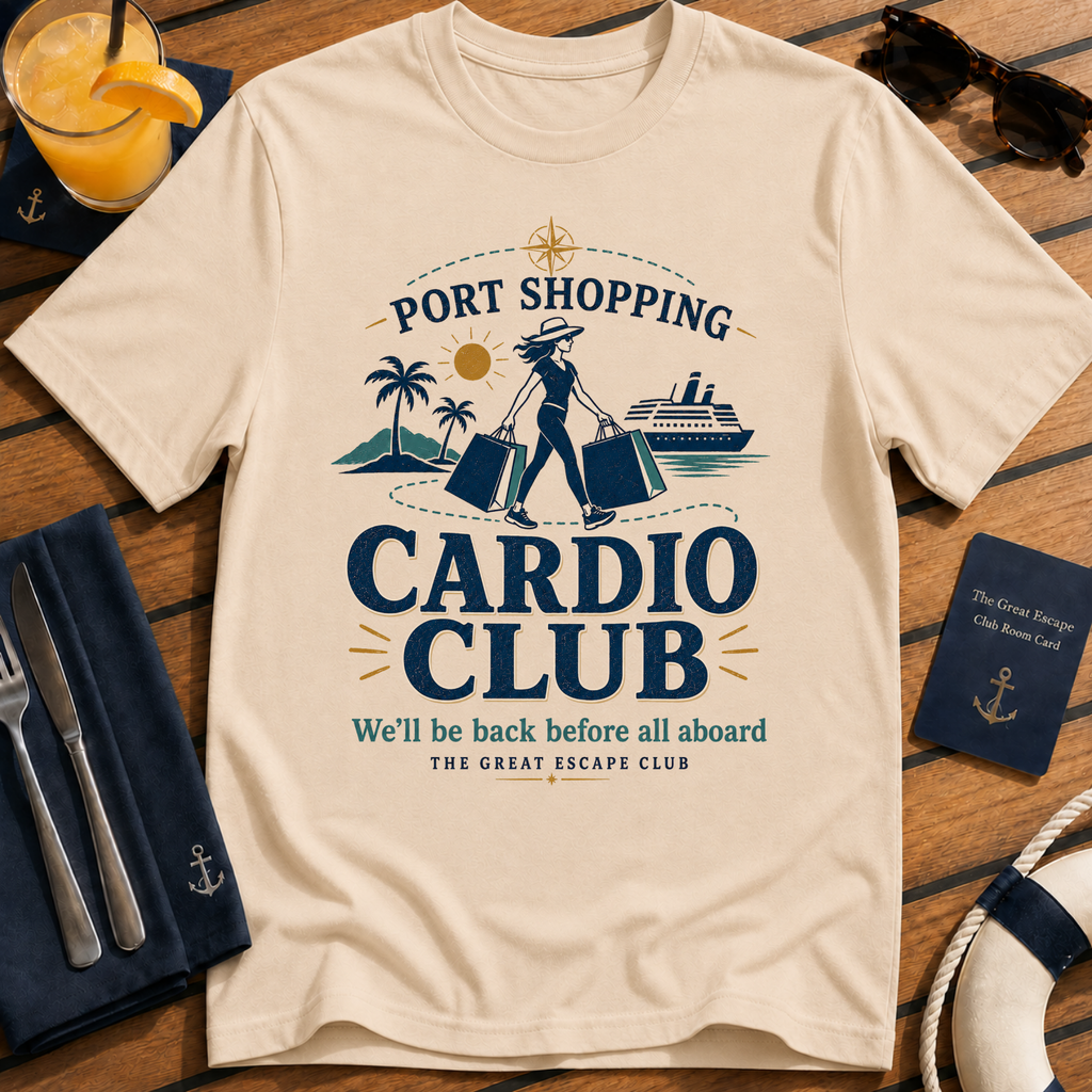 Port Shopping Cardio Club funny cruise shopping t-shirt design on Natural shirt
