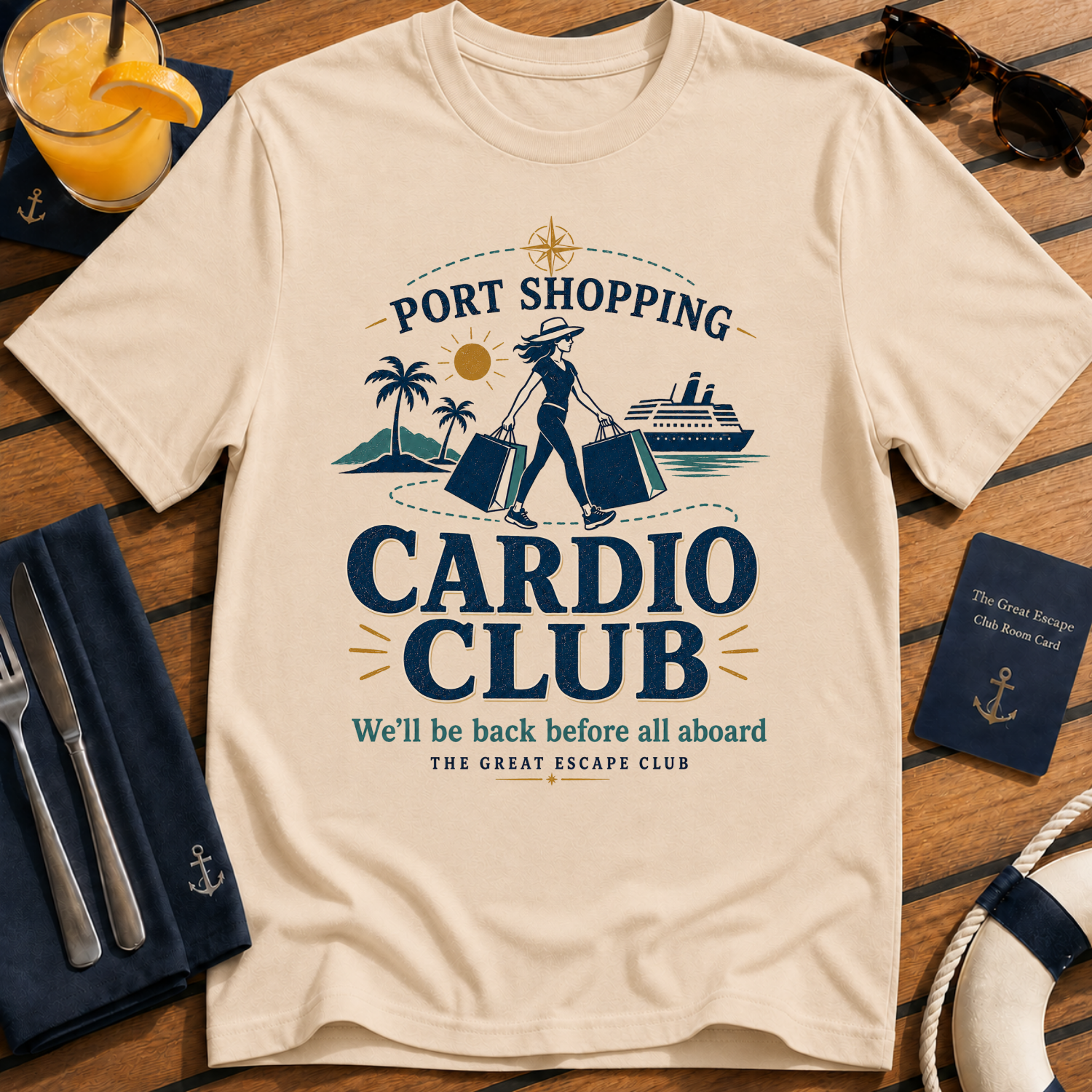 Port Shopping Cardio Club funny cruise shopping t-shirt design on Natural shirt
