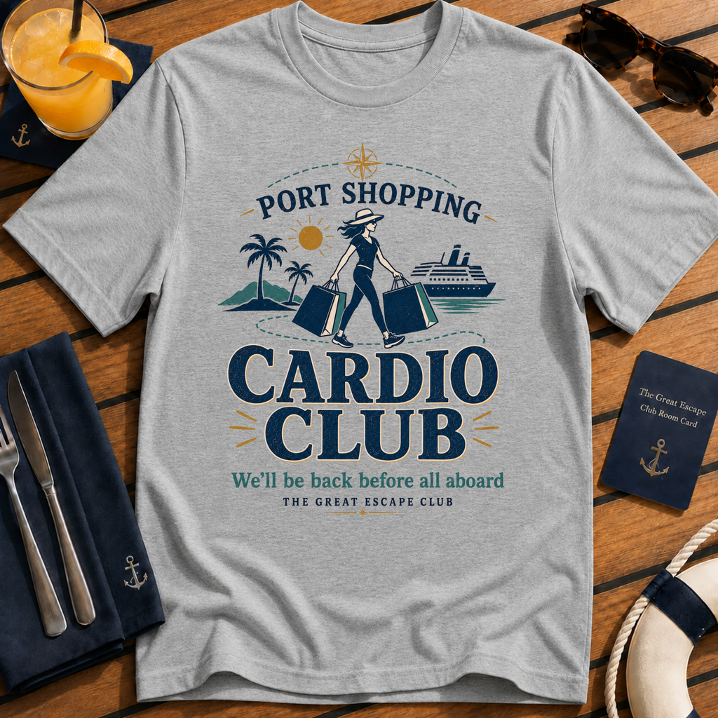 Port Shopping Cardio Club funny cruise shopping t-shirt design on Sport Grey shirt