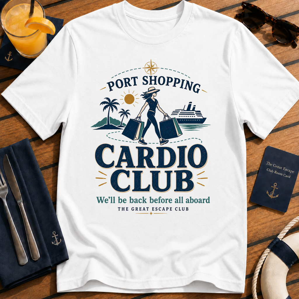 Port Shopping Cardio Club funny cruise shopping t-shirt design on White shirt