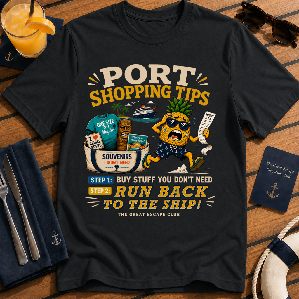 Port Shopping Tips funny black cruise shore excursion t-shirt for port day shopping and souvenir hunters by The Great Escape Club