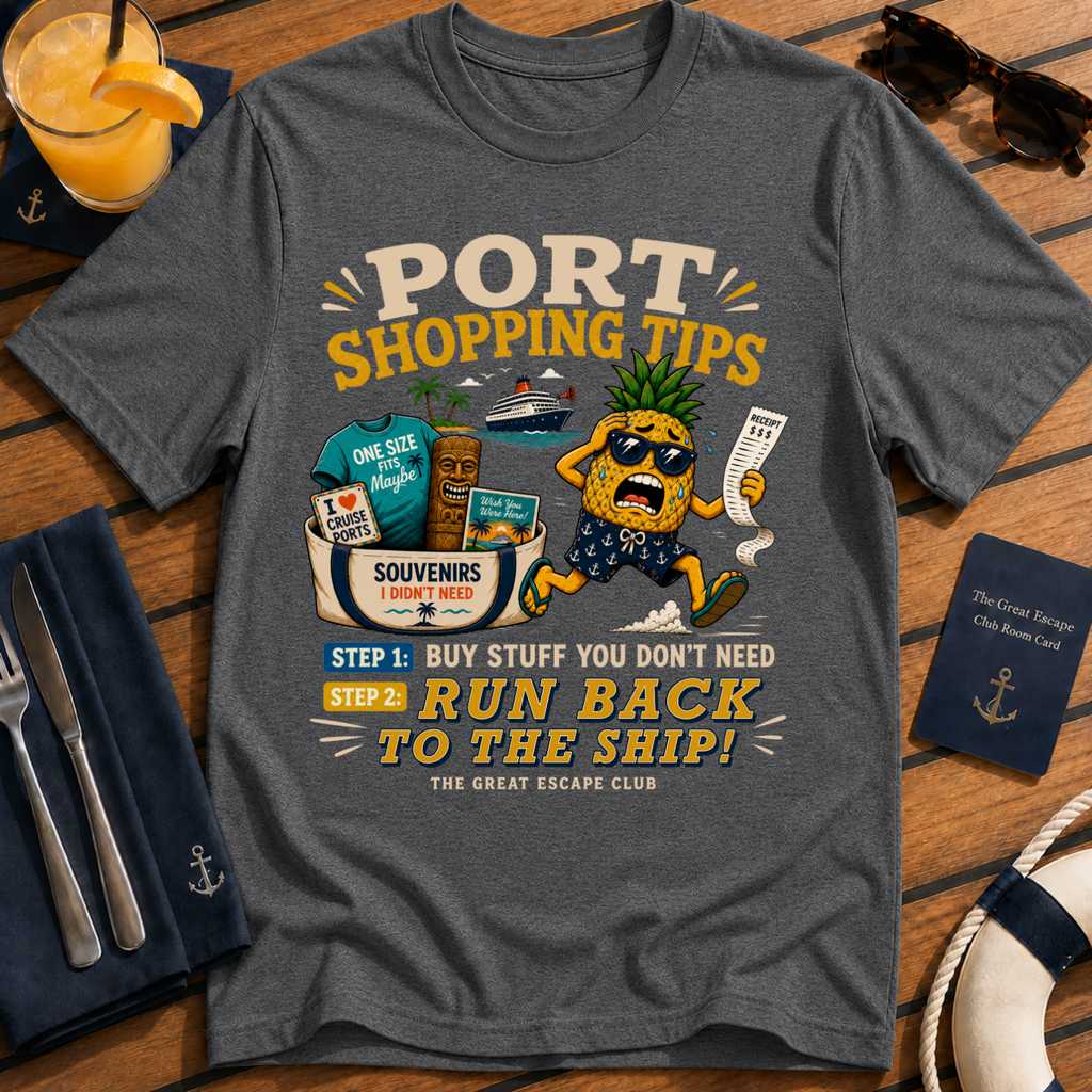 Port Shopping Tips funny dark heather grey cruise shore excursion t-shirt for port day shopping and souvenir hunters by The Great Escape Club