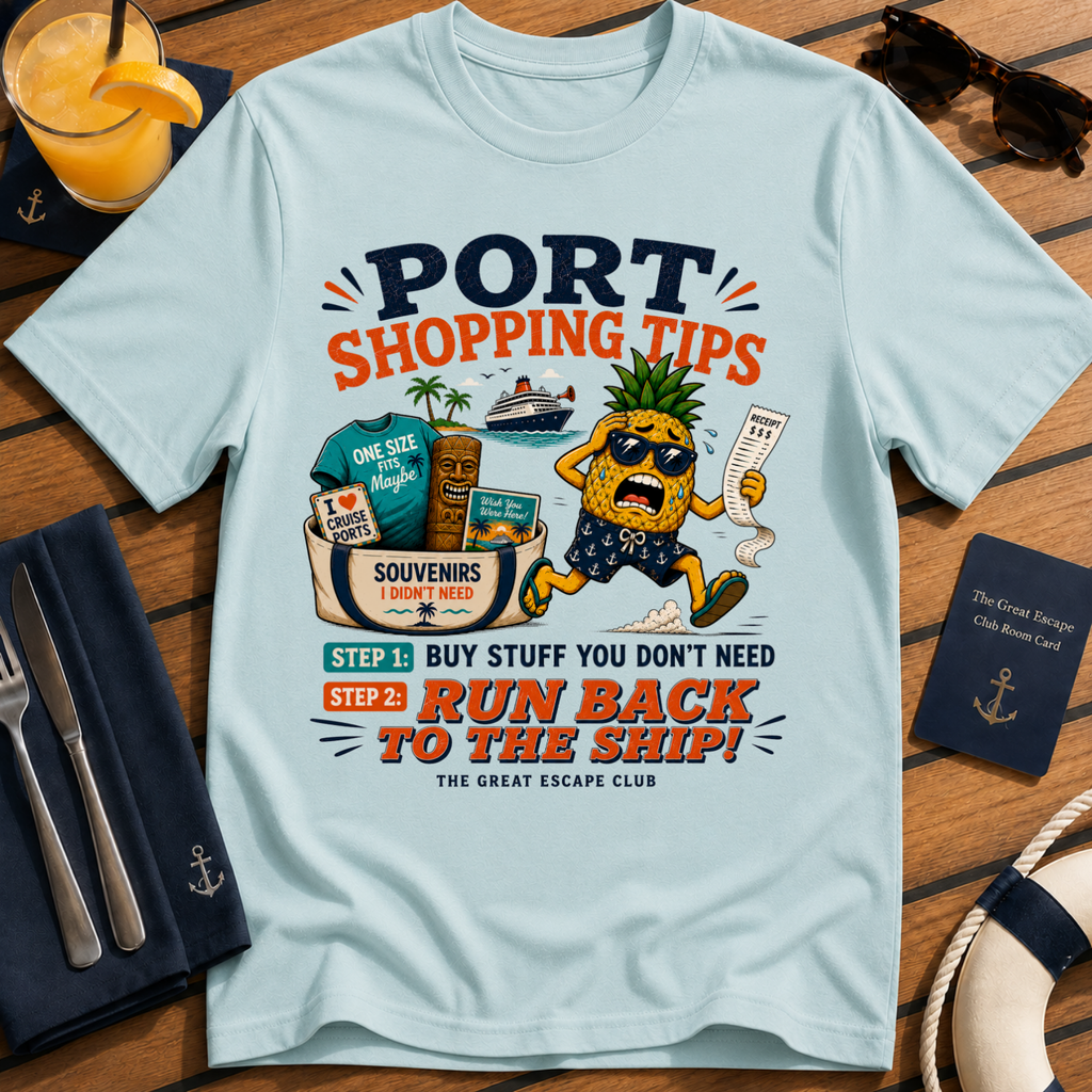 Port Shopping Tips funny light blue cruise shore excursion t-shirt for port day shopping and souvenir hunters by The Great Escape Club