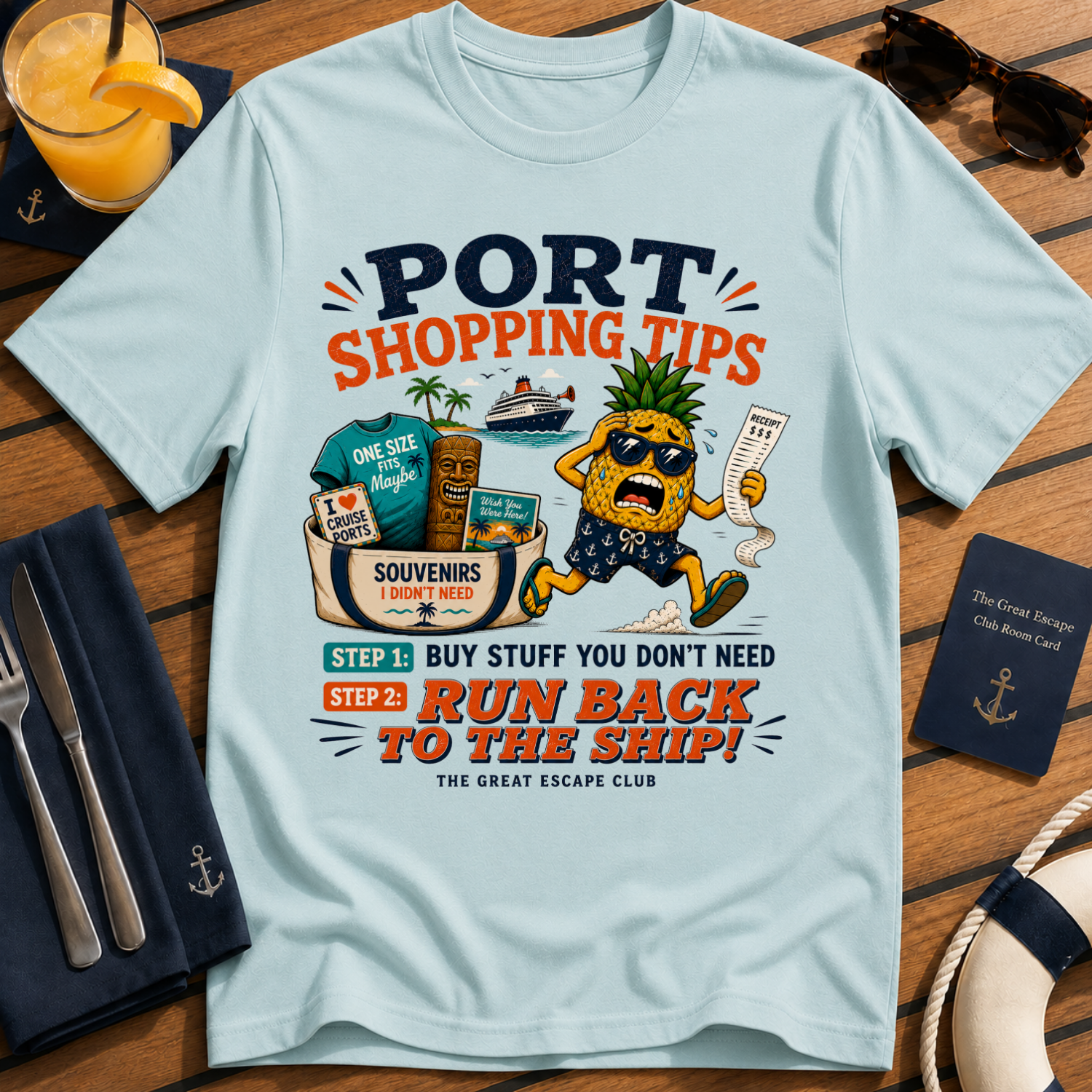 Port Shopping Tips funny light blue cruise shore excursion t-shirt for port day shopping and souvenir hunters by The Great Escape Club