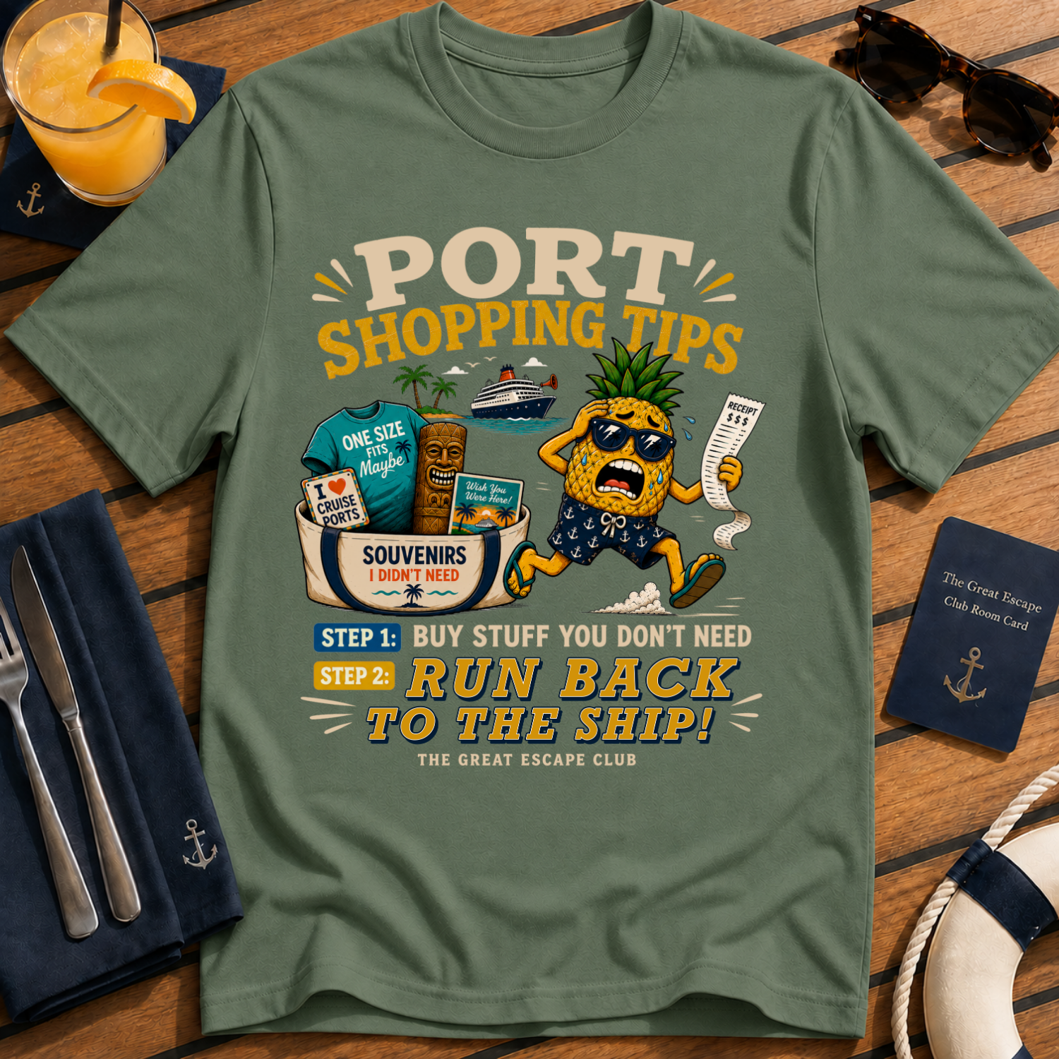 Port Shopping Tips funny military green cruise shore excursion t-shirt for port day shopping and souvenir hunters by The Great Escape Club